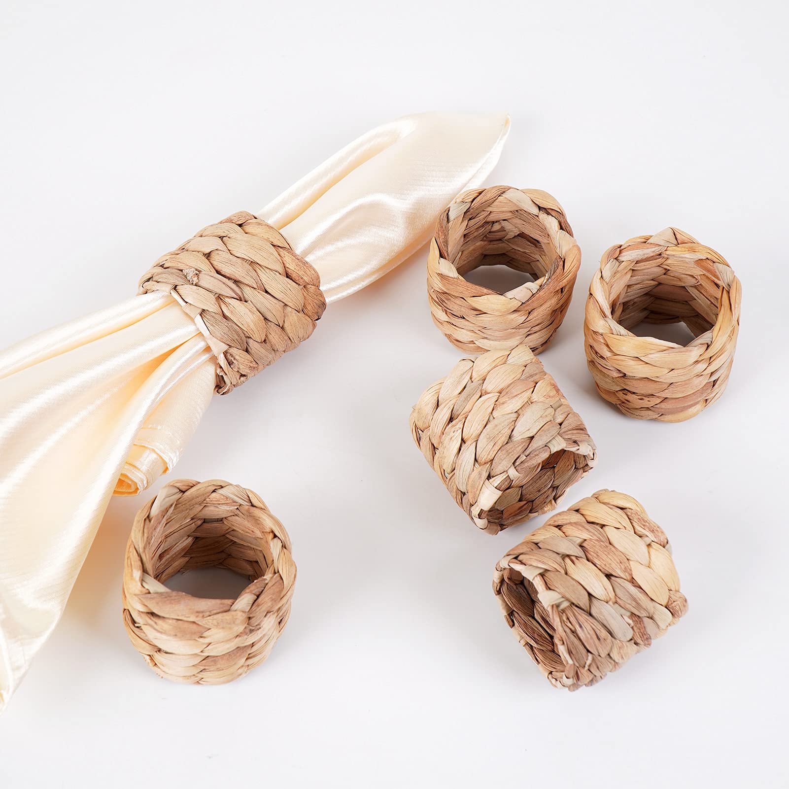 Woven Napkin Rings Set Of 6, Farmhouse Napkin Rings Handmade By Natural Water Hyacinth, Fabric Napkin Rings For Thanksgiving, Pa