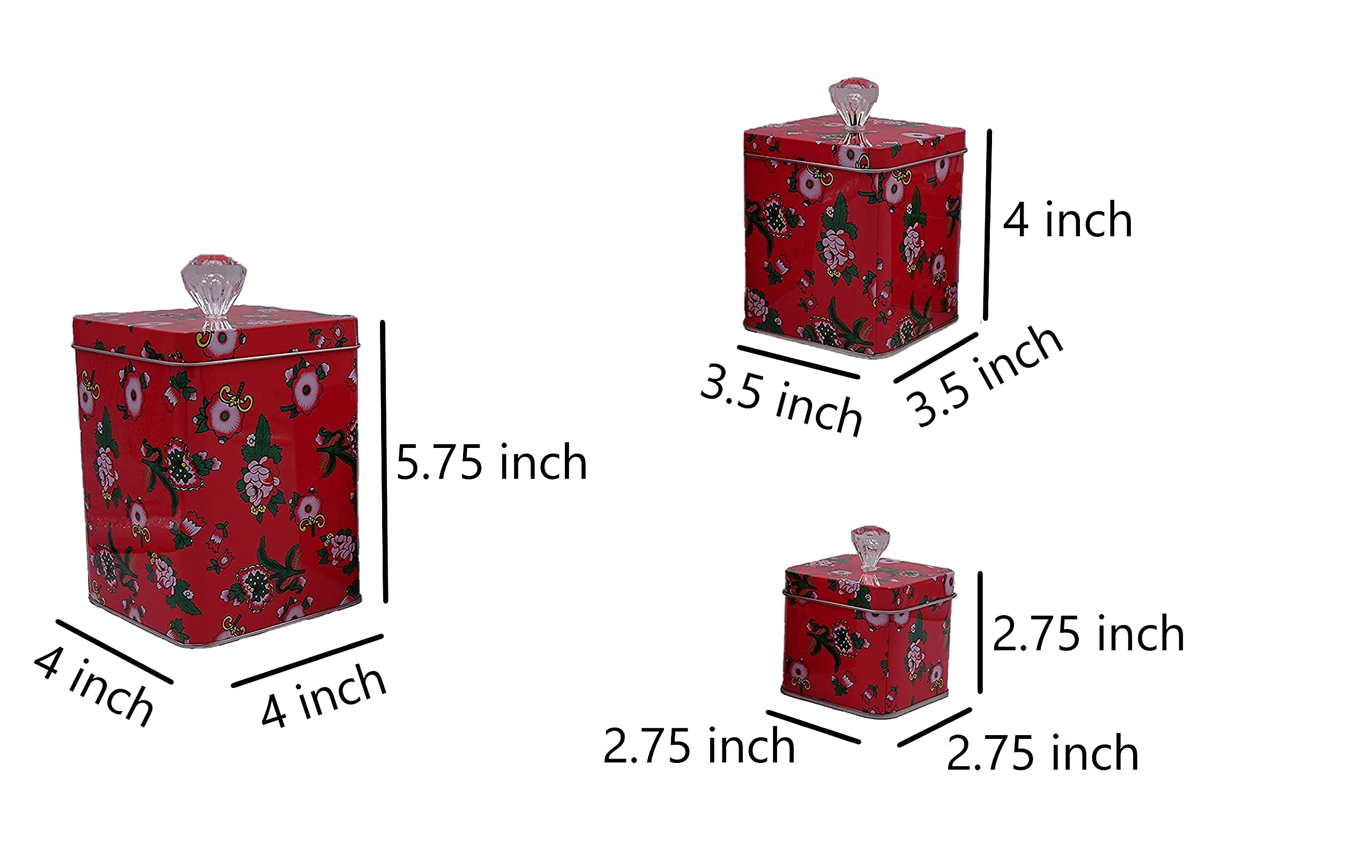 Hadaaya Square Red Tin Can Empty Cube Steel Box Storage Container With Crystal Knob For Powder Treats, Gifts, Favors, Loose Tea,