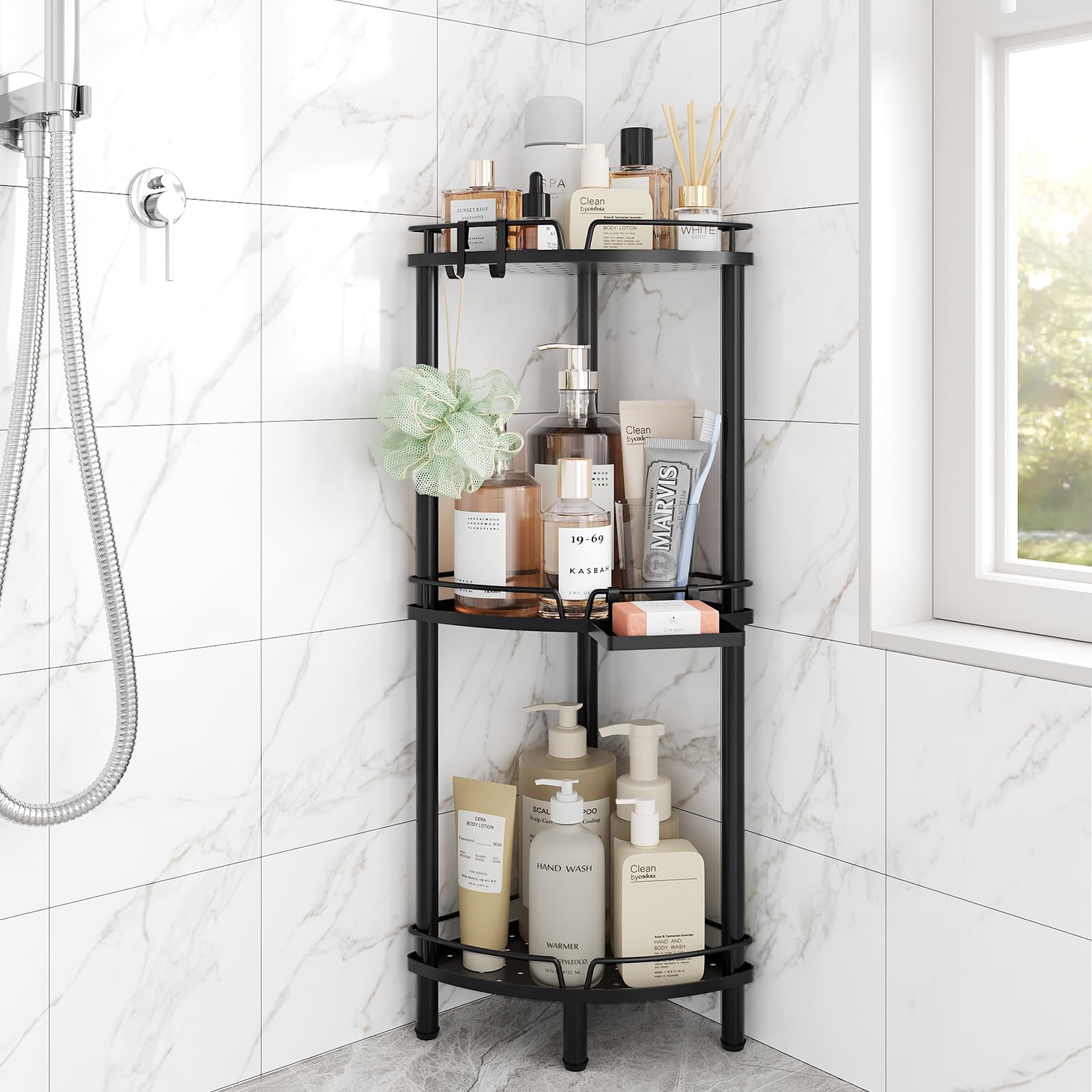 Elyken Corner Shower Caddy Standing, 3 Tier Rustproof Metal Shower Organizer With Soap Holder, Floor Shower Corner Shelf Rack St
