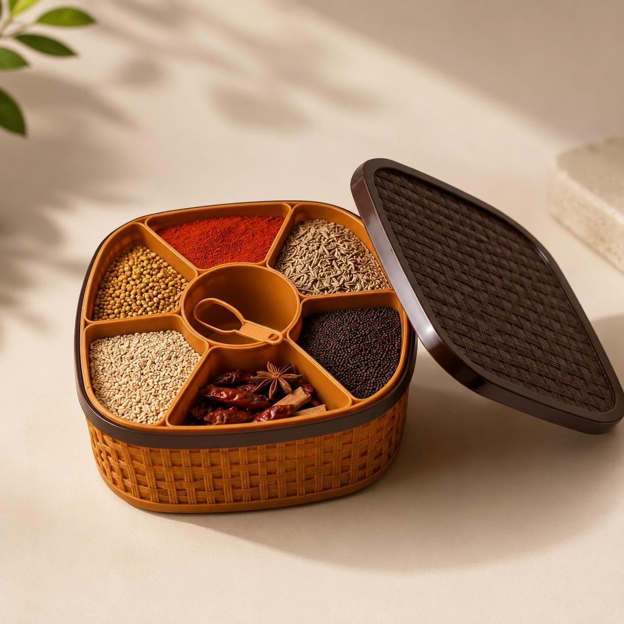 Masala Box Spice Container with 7 Compartments and Measuring Spoon