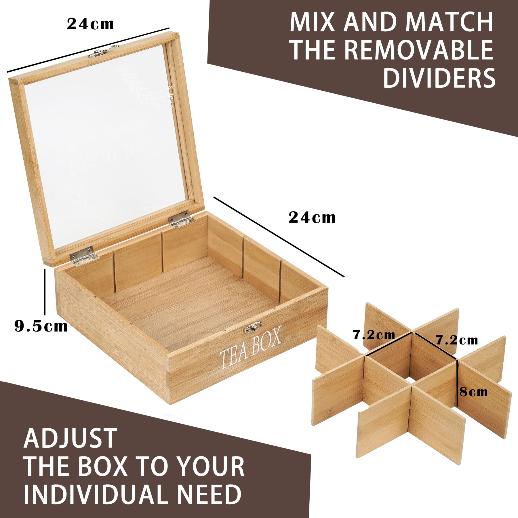 handrong Bamboo Tea Box Organizer with 9 Compartments and Clear Cover for Tea, Coffee & Sugar Pods, Modern Design