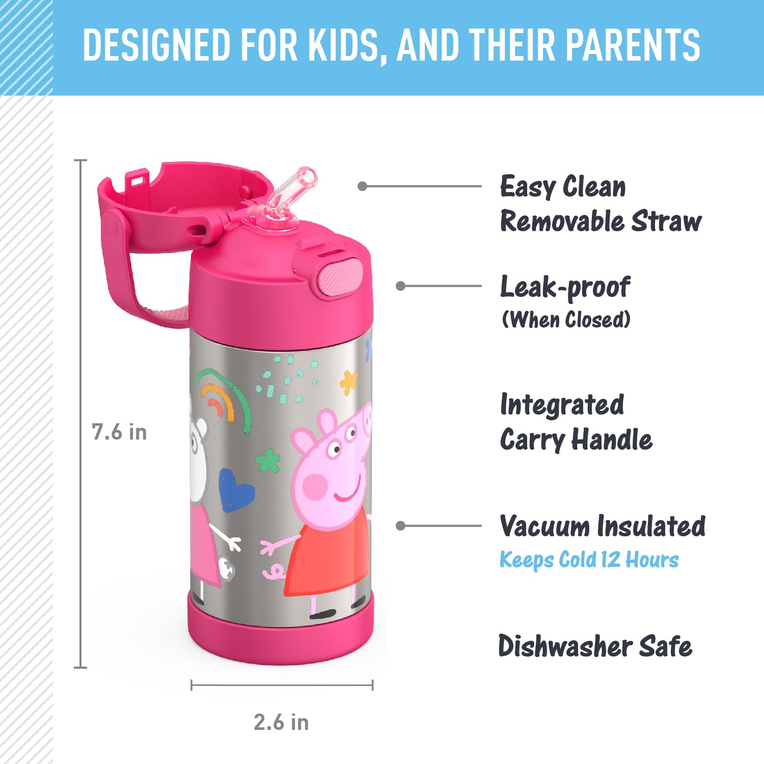 Thermos Funtainer Water Bottle With Straw - 12 Ounce, Peppa Pig - Kids Stainless Steel Vacuum Insulated Water Bottle With Lid