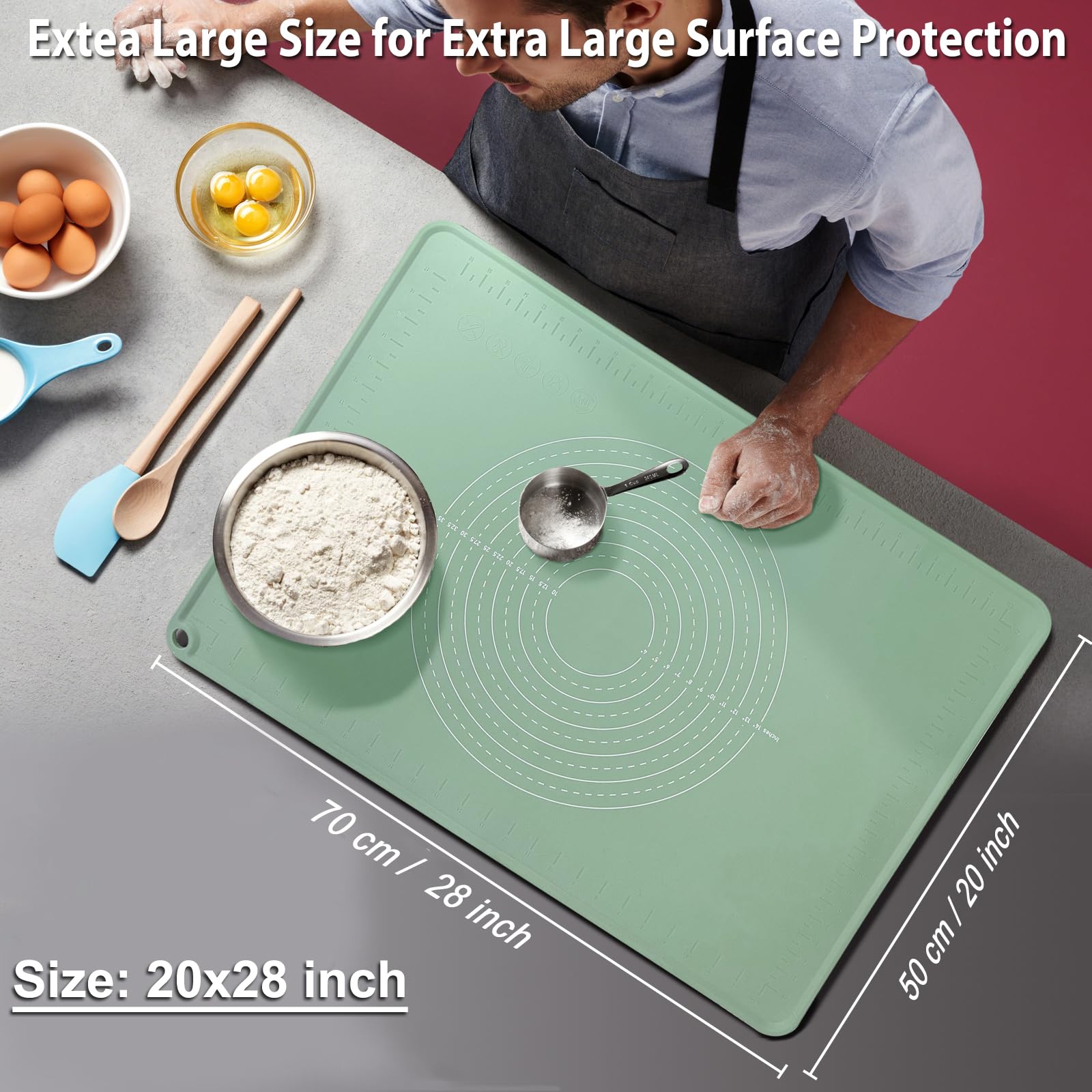 Silicone Baking Mat 28'' X 20'', Extra Thick Dough Rolling Mat With Measurements And Edge Heightening, Non-Stick Food Grade Sili