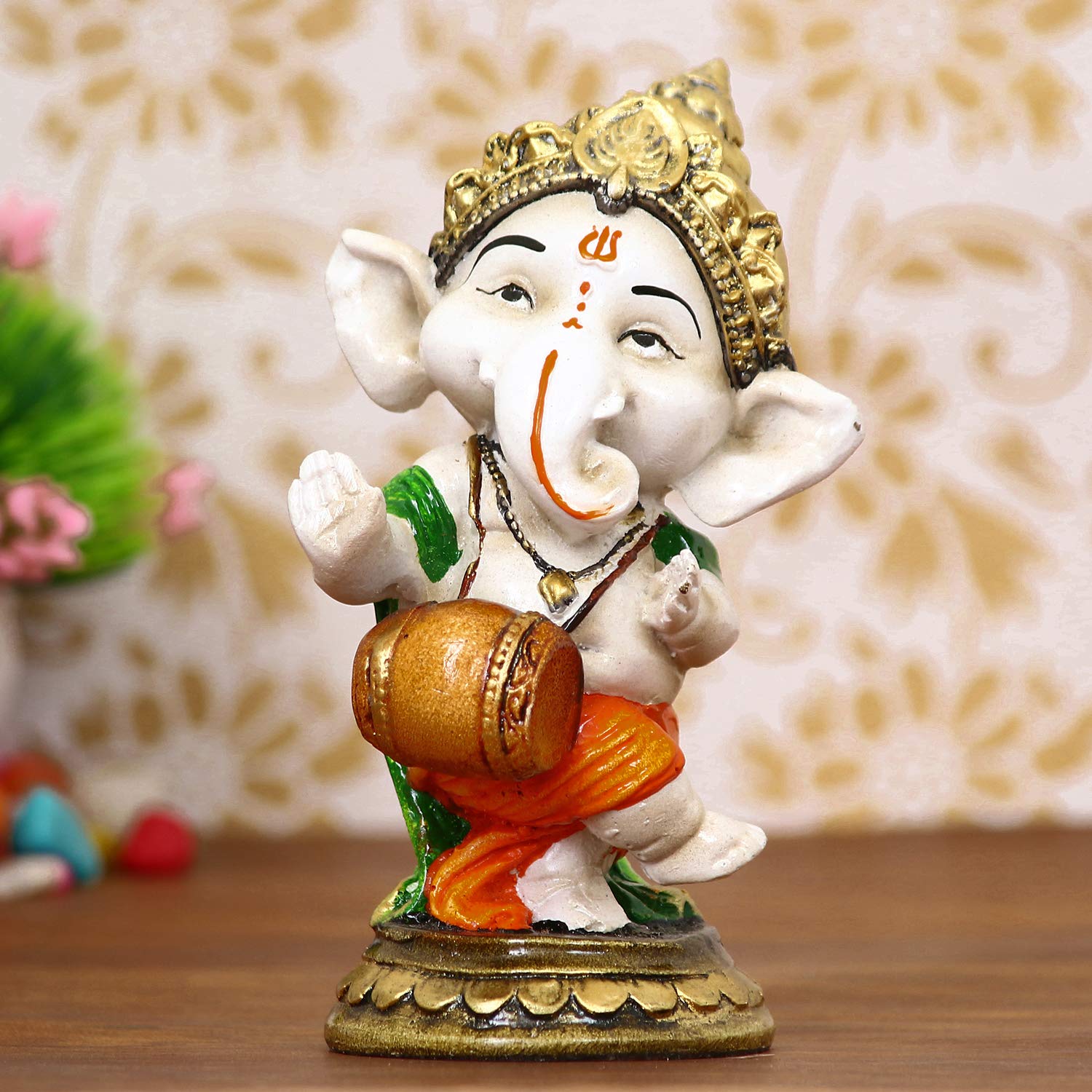 Ecraftindia Handcrafted Polyresin Lord Ganesha Idol Playing Dholak Musical Instrument Decorative Showpiece Ideal For Home, Offic