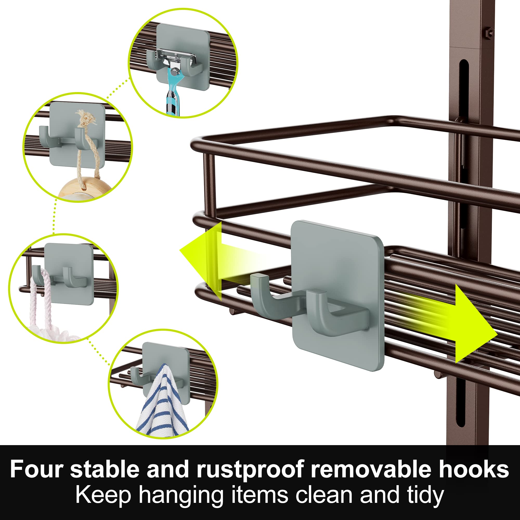 Orimade Over The Door Shower Caddy Adjustable 5 Tier Bronze,Bathroom Hanging Organizer Shelf Rustproof With 4 Hooks,Shower Baske