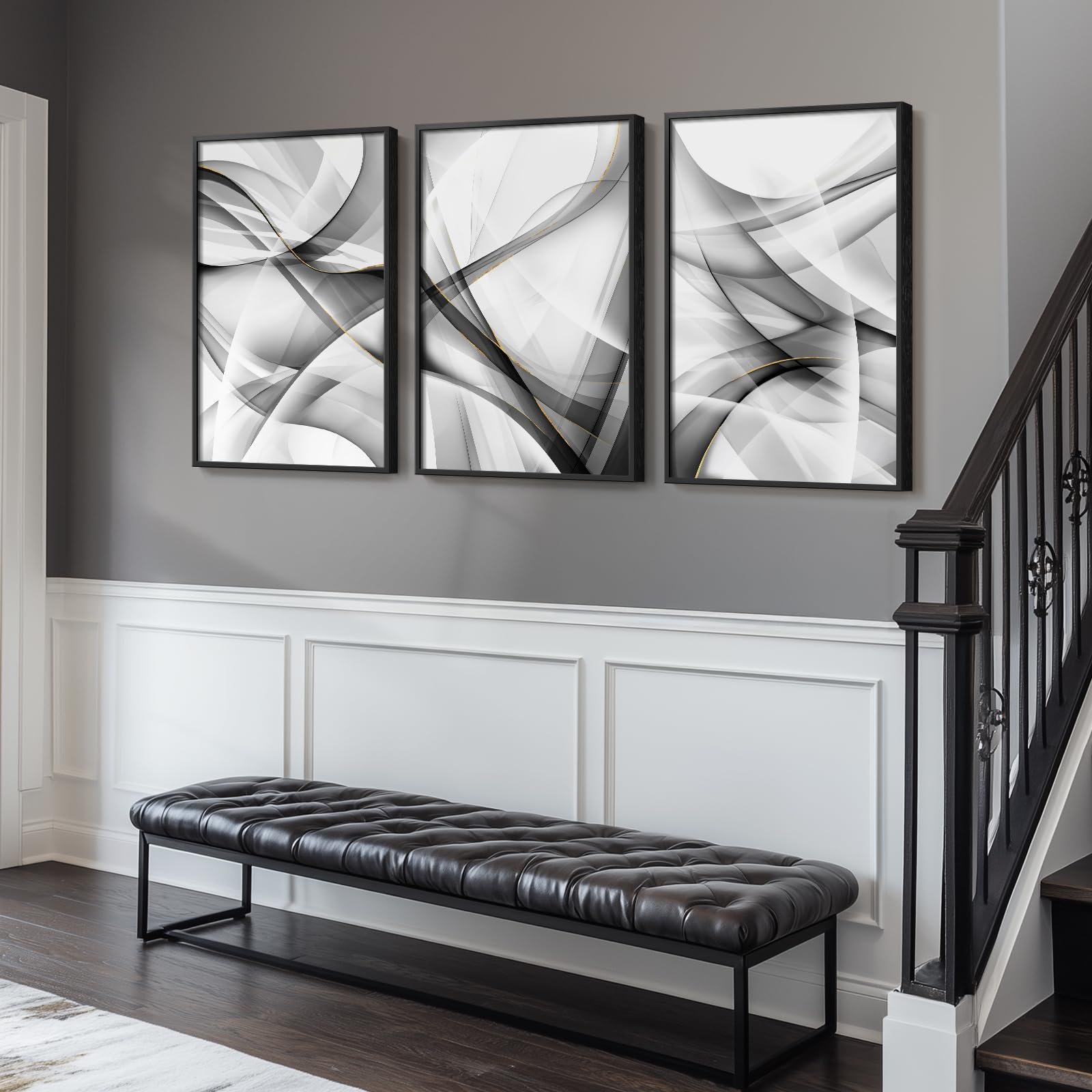 Large Framed Black And White Gold Abstract Lines Wall Art For Living Room, Set Of 3 Piece Canvas Paintings Artwork For Walls, Mo