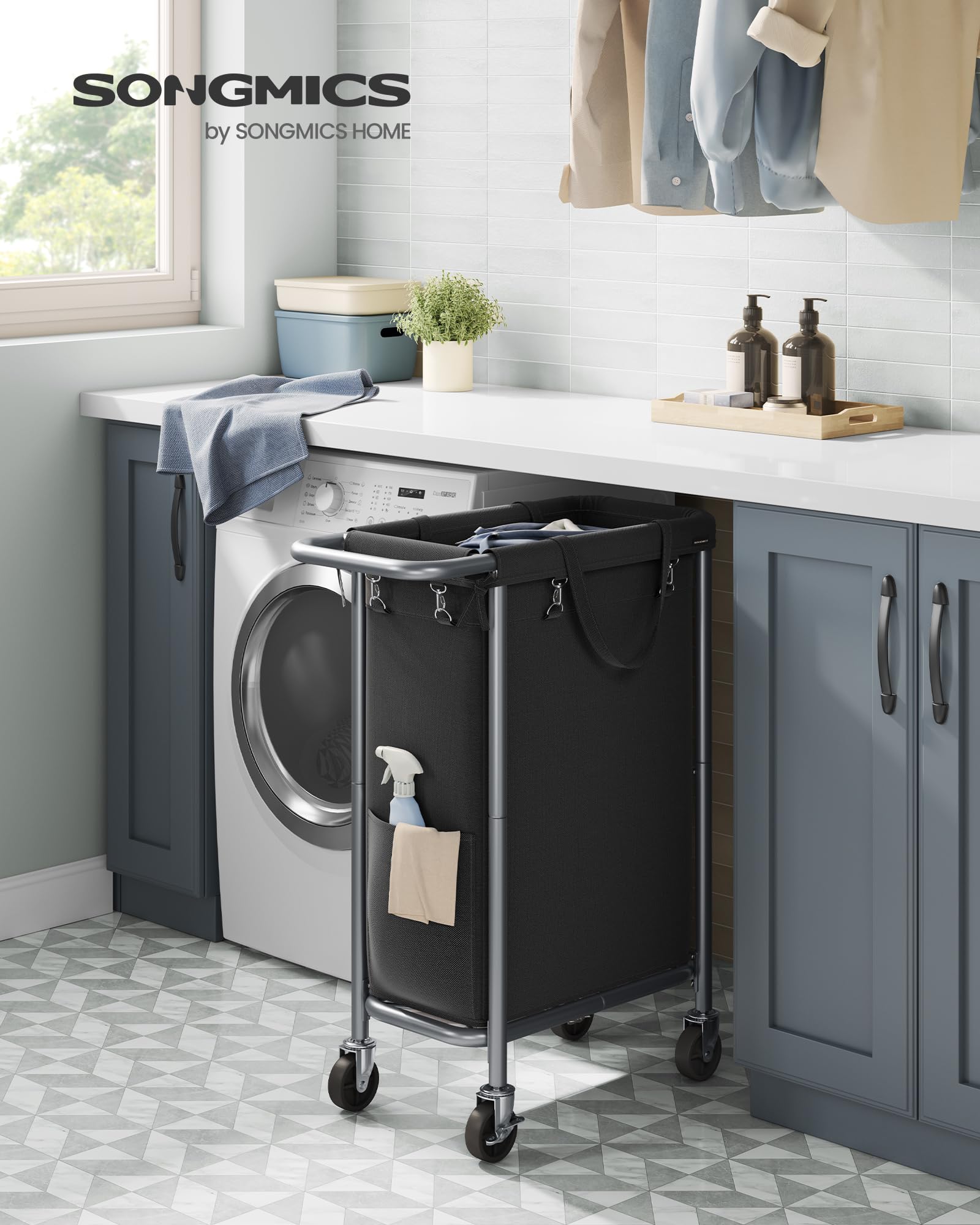 Songmics Laundry Basket With Wheels, Rolling Laundry Hamper, 23.8 Gallons (90L), Removable Liner, Steel Frame With Handle, Blank