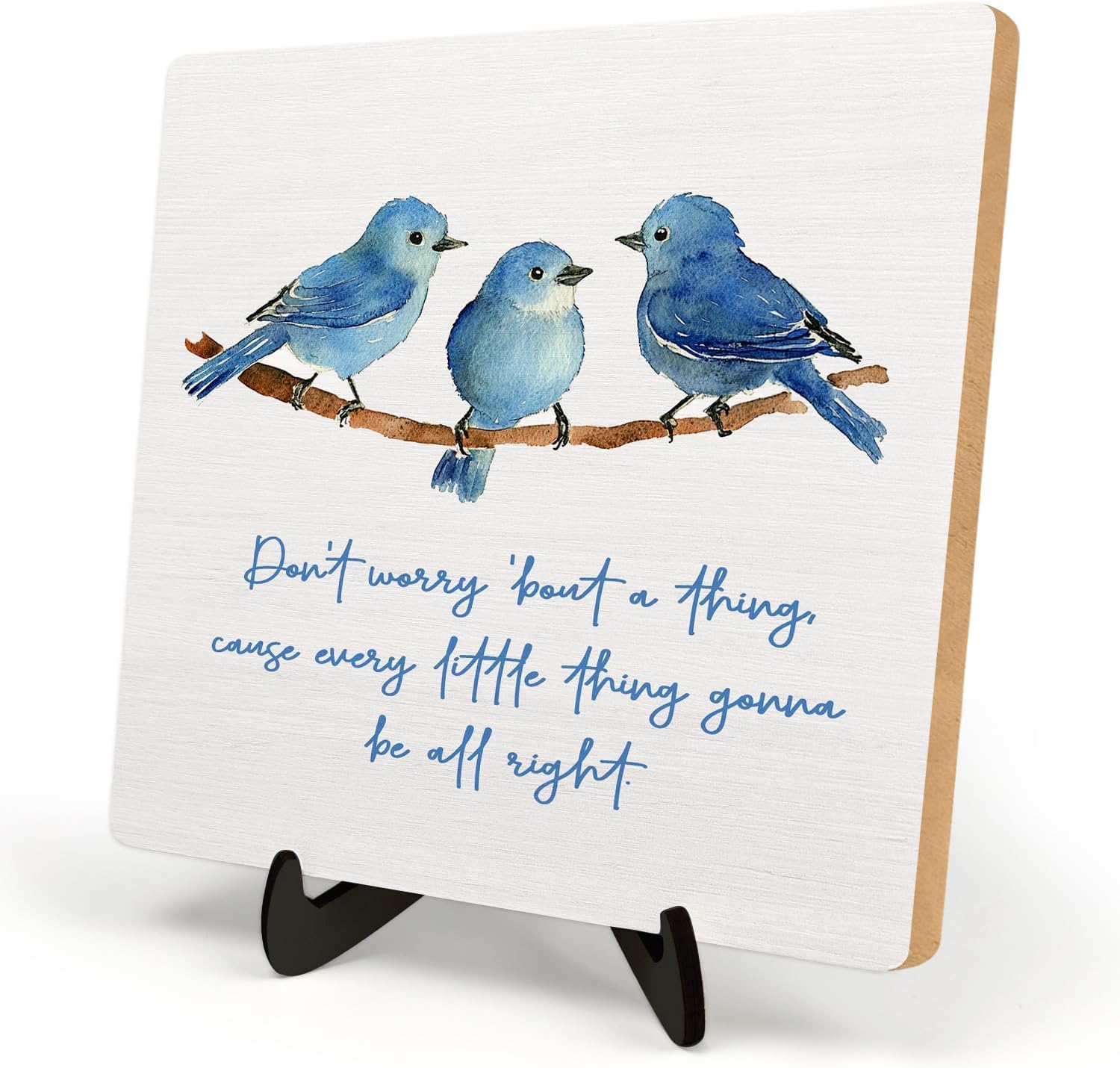 Inspirational Wooden Sign,Every Little Thing Is Gonna Be All Right,Plaque with Watercolor Birds, Positive Desk Decor for Home Of