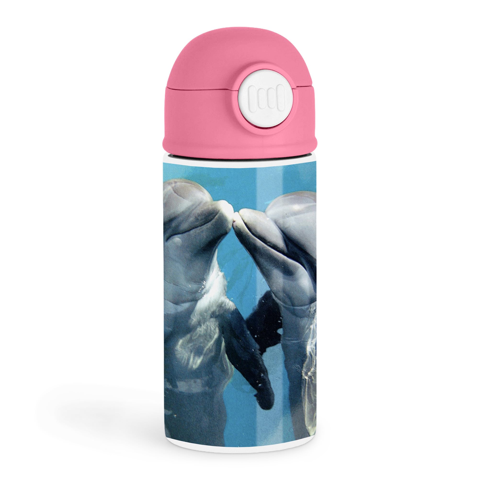 Sweet Dolphin Lover 12oz Kids Water Bottle Pink  Two dolphins touching snouts in vibrant blue water  Pool Party, Everyday Hydr