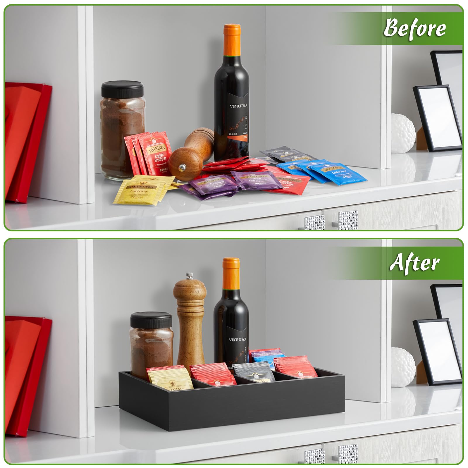 Drastar Tea Bag Organizer, Tea Box Organizer Storage Box, Wooden Tea Bag Holder, Tea Chest With 8 Compartments, Tea Caddy For Te