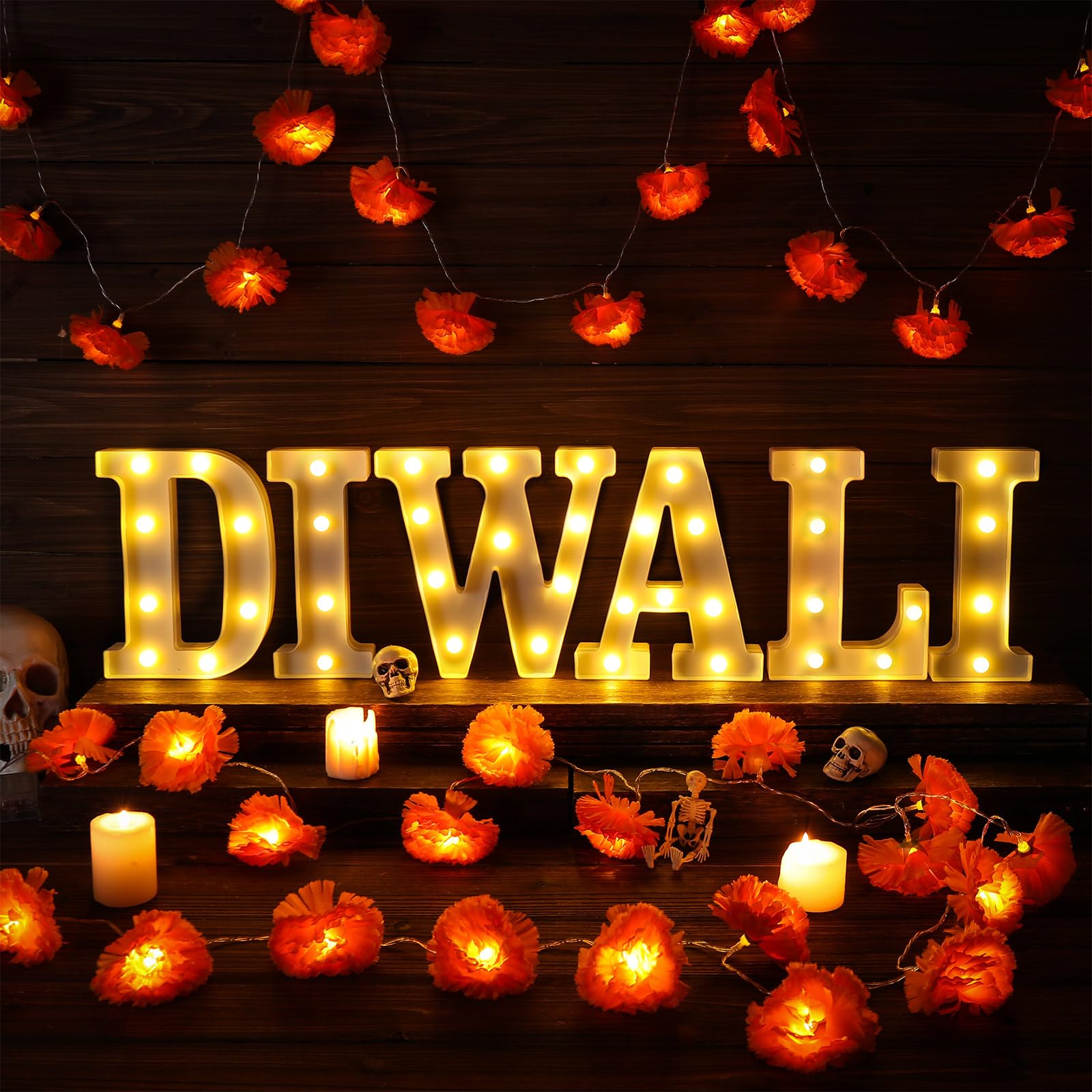 Aurelema 8 Pcs Diwali Light up Letters 8.58 Inch Battery Powered Sign Letter with 2 Lighted Marigold Garland LED Artificial Mari