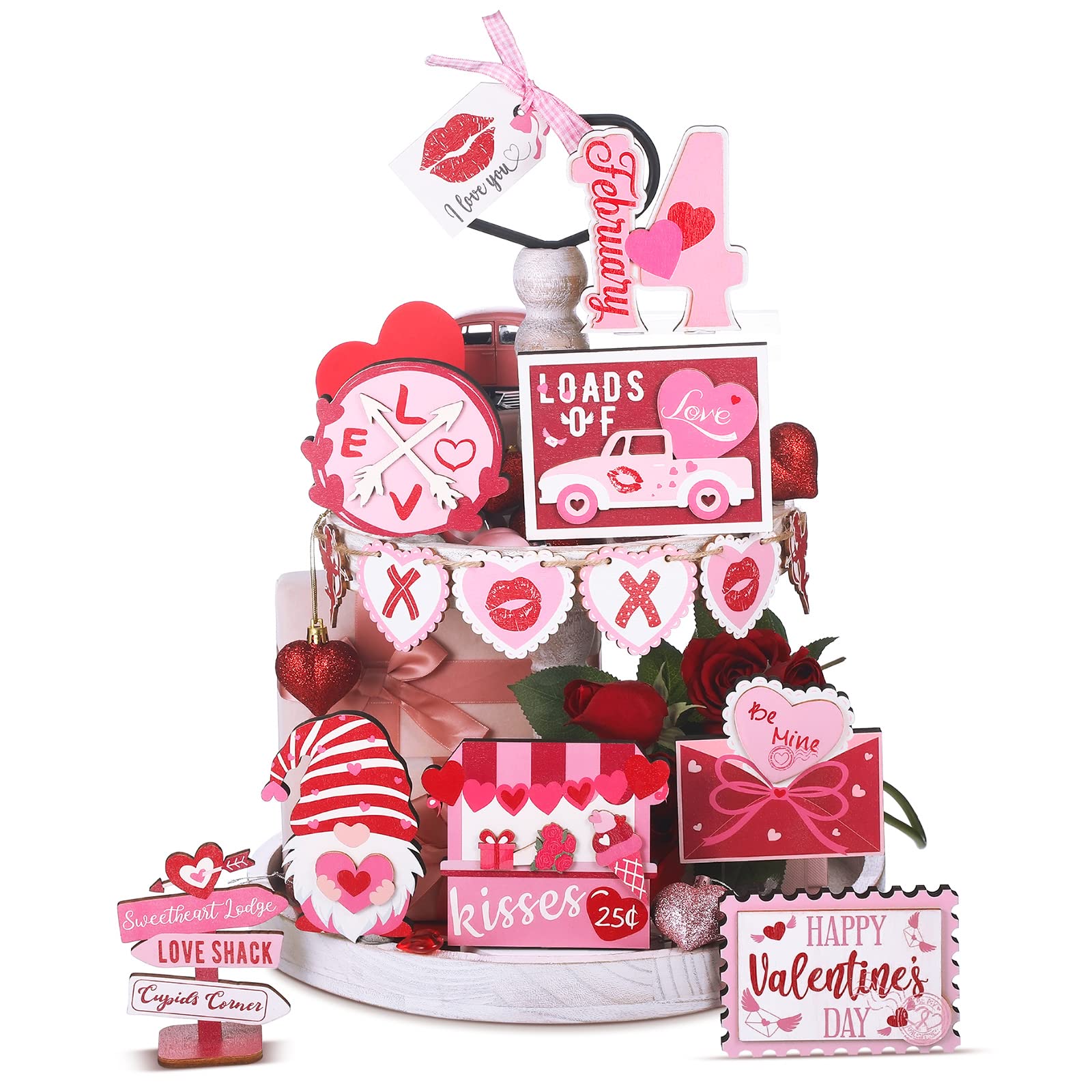Ferraycle 16 Pcs Valentines Day Tiered Tray Decorations Farmhouse Gnome Heart Wooden Table Sign with String Rustic Tiered Tray 