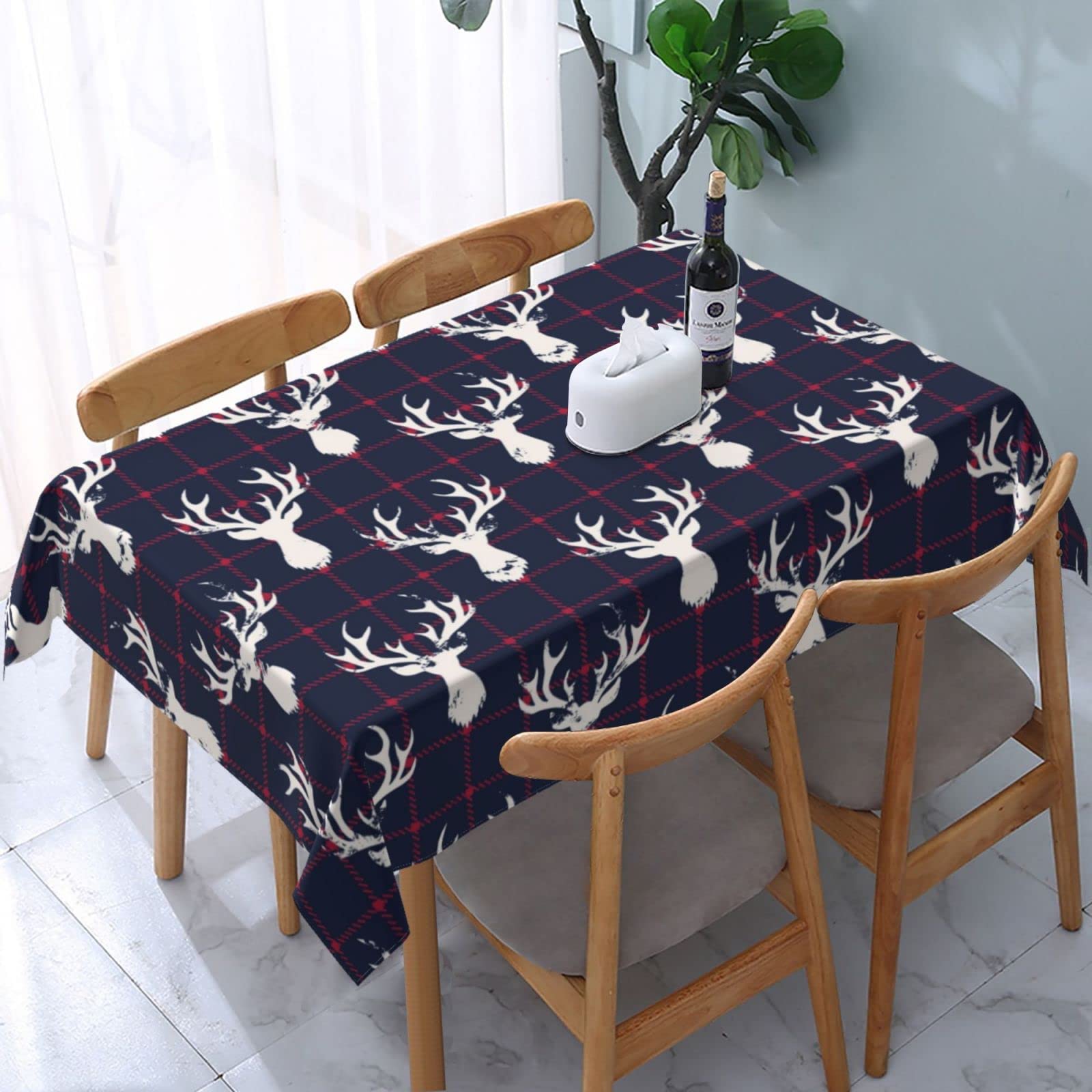 Cukemip Farmhouse Table Cloth Moose Deer Navy Blue Plaid Tablecloth For Dinning Room Kitchen Birthday Party Outdoor Decorations