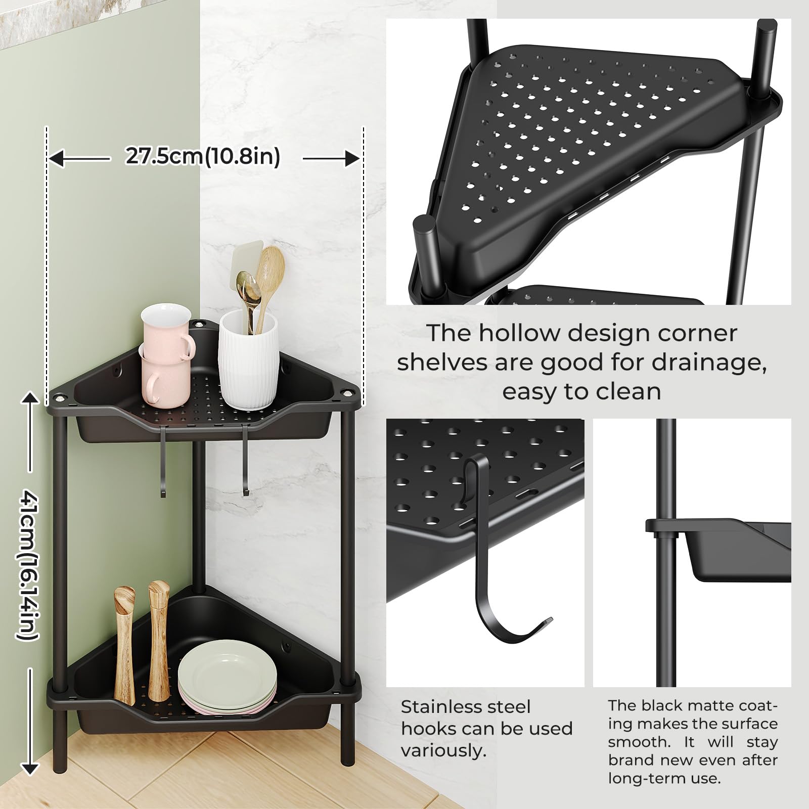Odesign 2 Tier Floor Standing Corner Shower Caddy Organizer Plastic Metal Splicing Shelf Storage Rack For Bathroom Black - Rustp