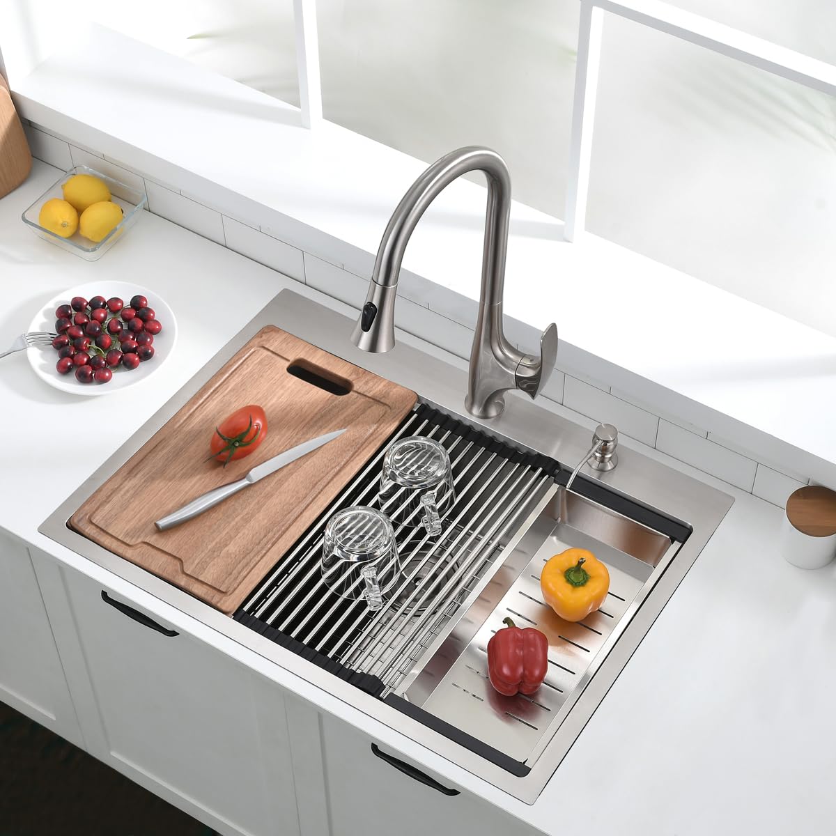 33-Inch Drop in Workstation Kitchen Sink - VOKIM 33 x22Inch Single Bowl Topmount 16 Gauge Stainless Steel 10'' Deep Handmade Kitchen Sink with Cutting Board& Strainer