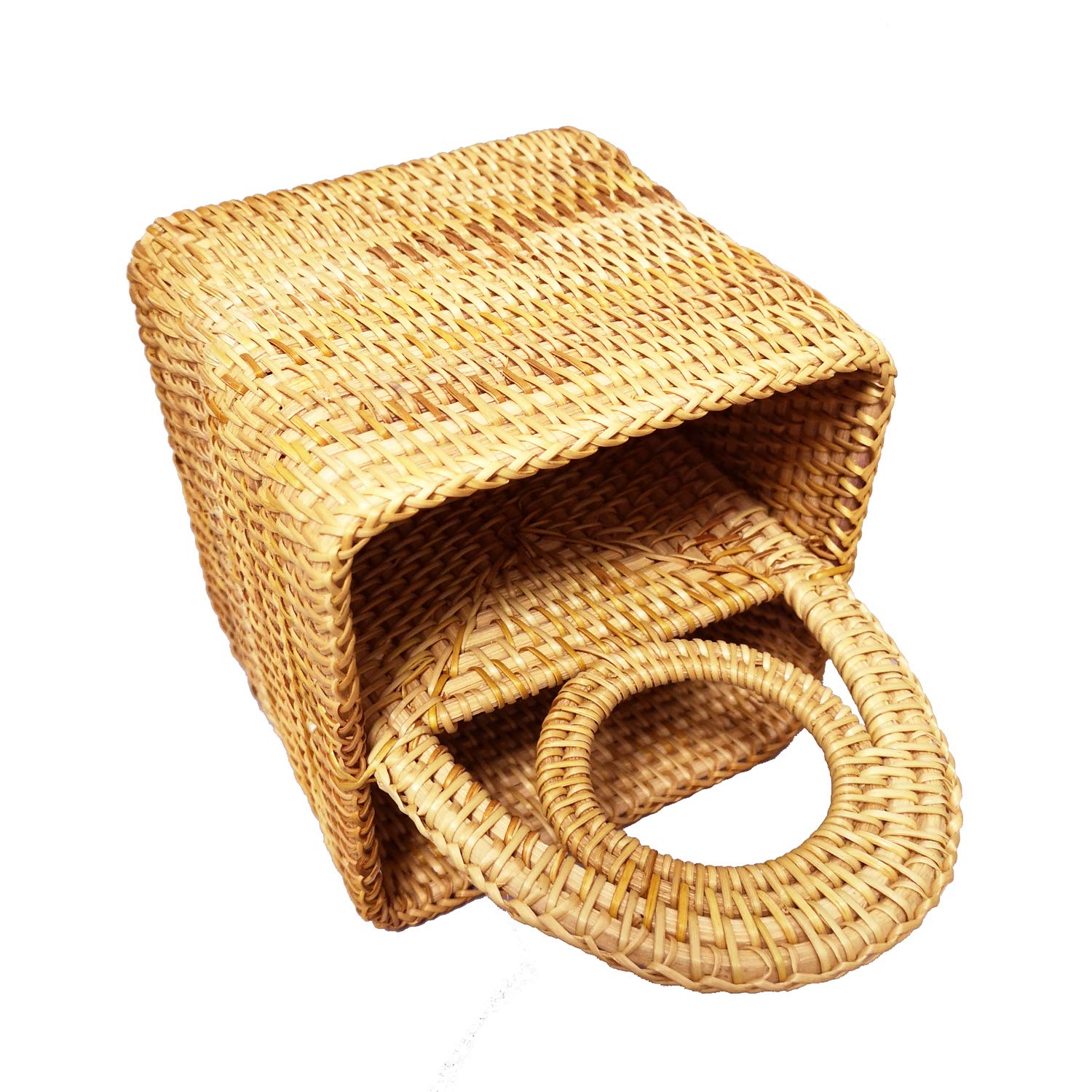I-Lan Handwoven Rattan Square 2-Compartment Storage Box Cosmetics Desk Organizer Utensil And Handicrafts Home Decorative Serving
