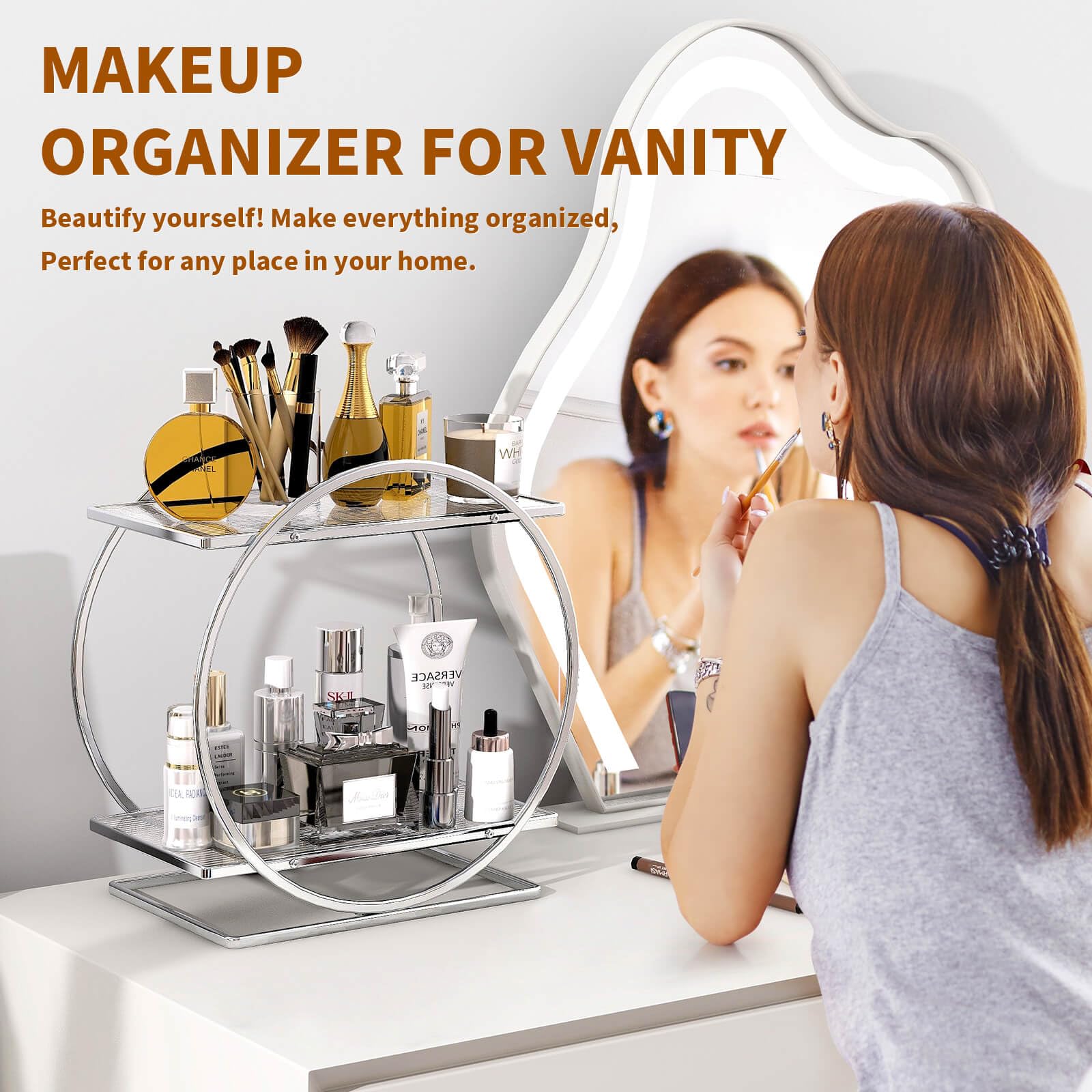 Yiwanfw Perfume Organizer For Bedroom Dresser- Sliver Makeup Organizer For Vanity, 2 Tier Bathroom Countertop Organizer Perfume