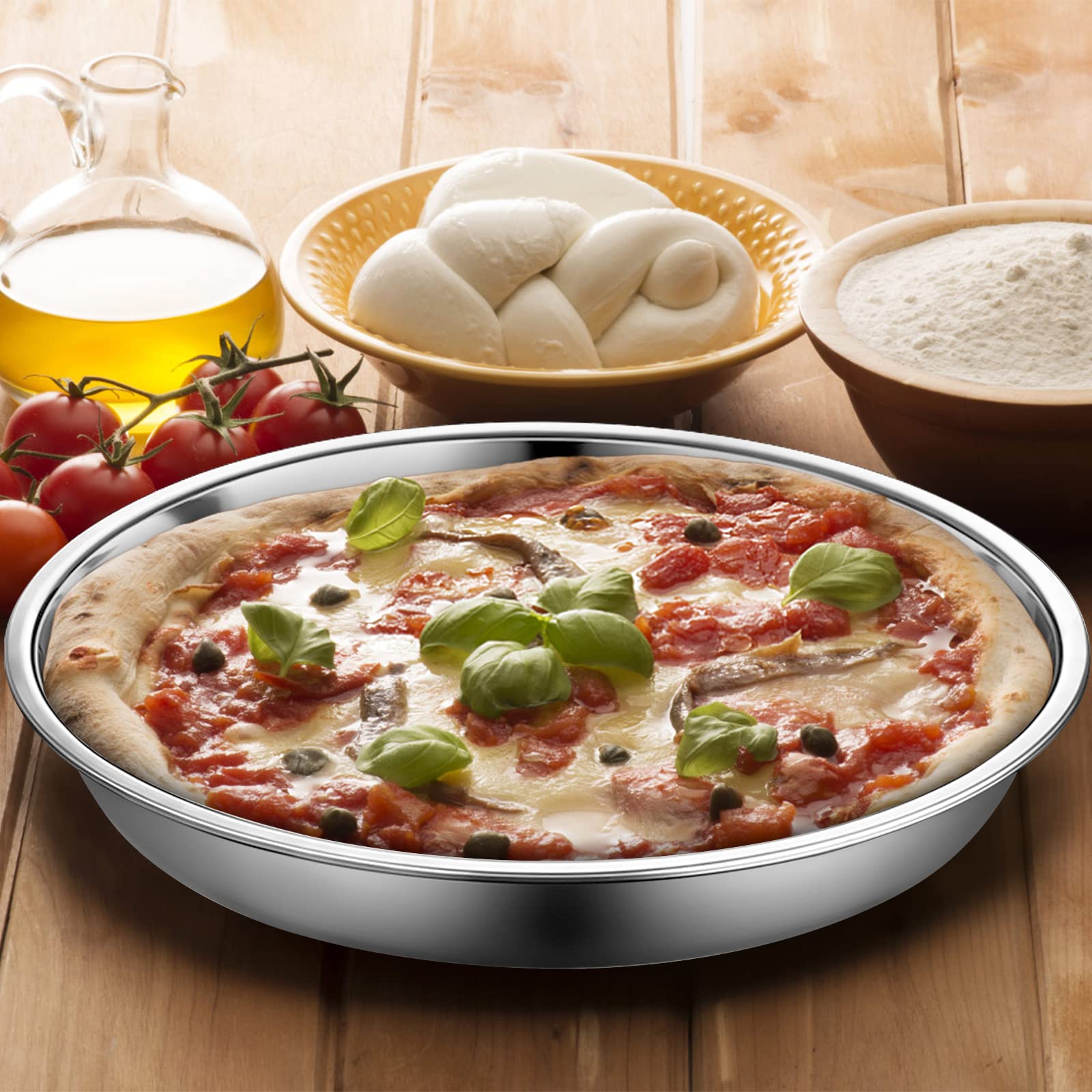 Elsjoy 4 Pack 13 Inch Stainless Steel Pizza Pan, Deep Round Baking Pan Large Pizza Baking Tray, Heavy-Duty Pizza Dish Non-Stick