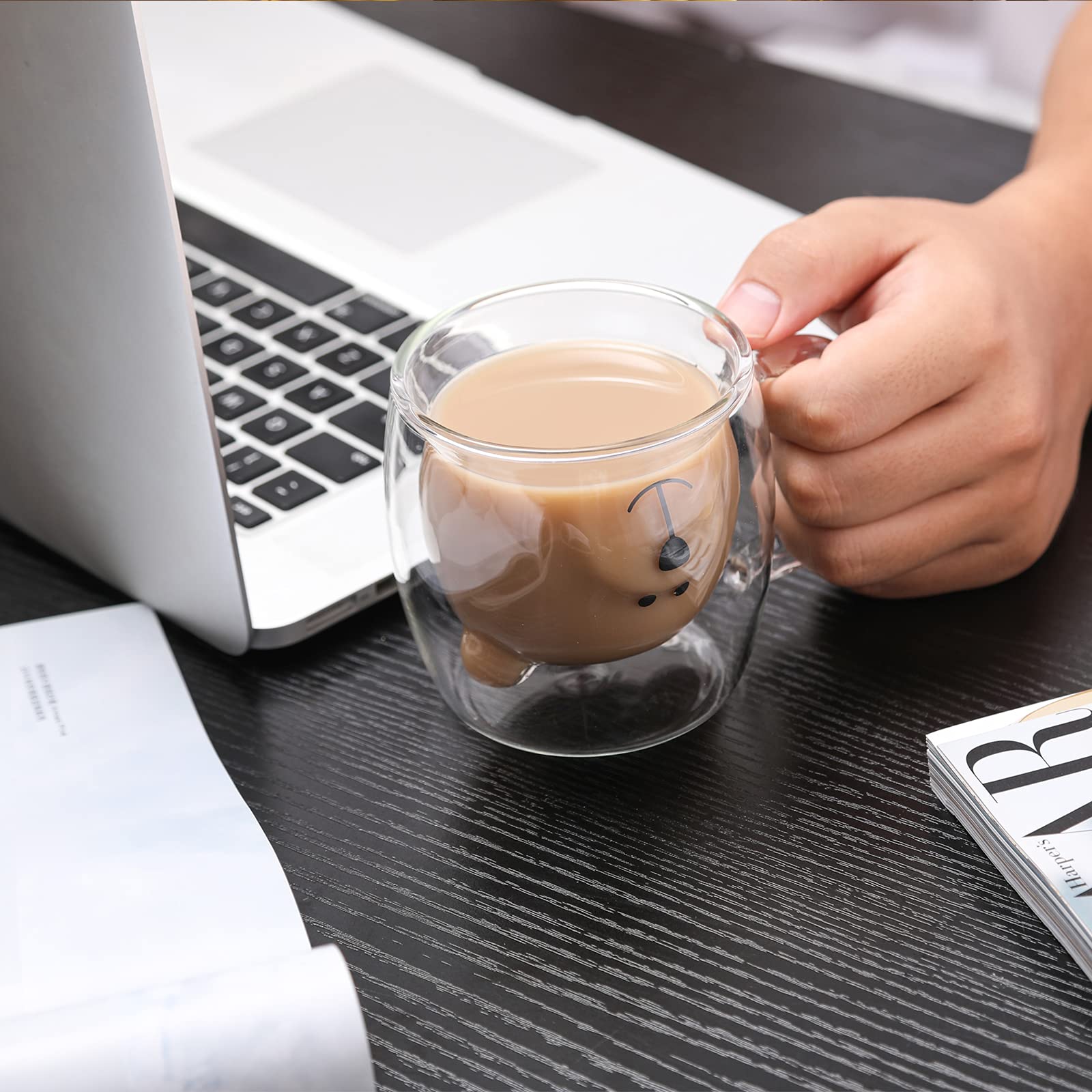 Shendong Cute Bear Mugs Set Of 2 Cute Cups Bear Tea Coffee Cup With Handle 8.5Oz Milk Cup Double Wall Insulated Glass Espresso C