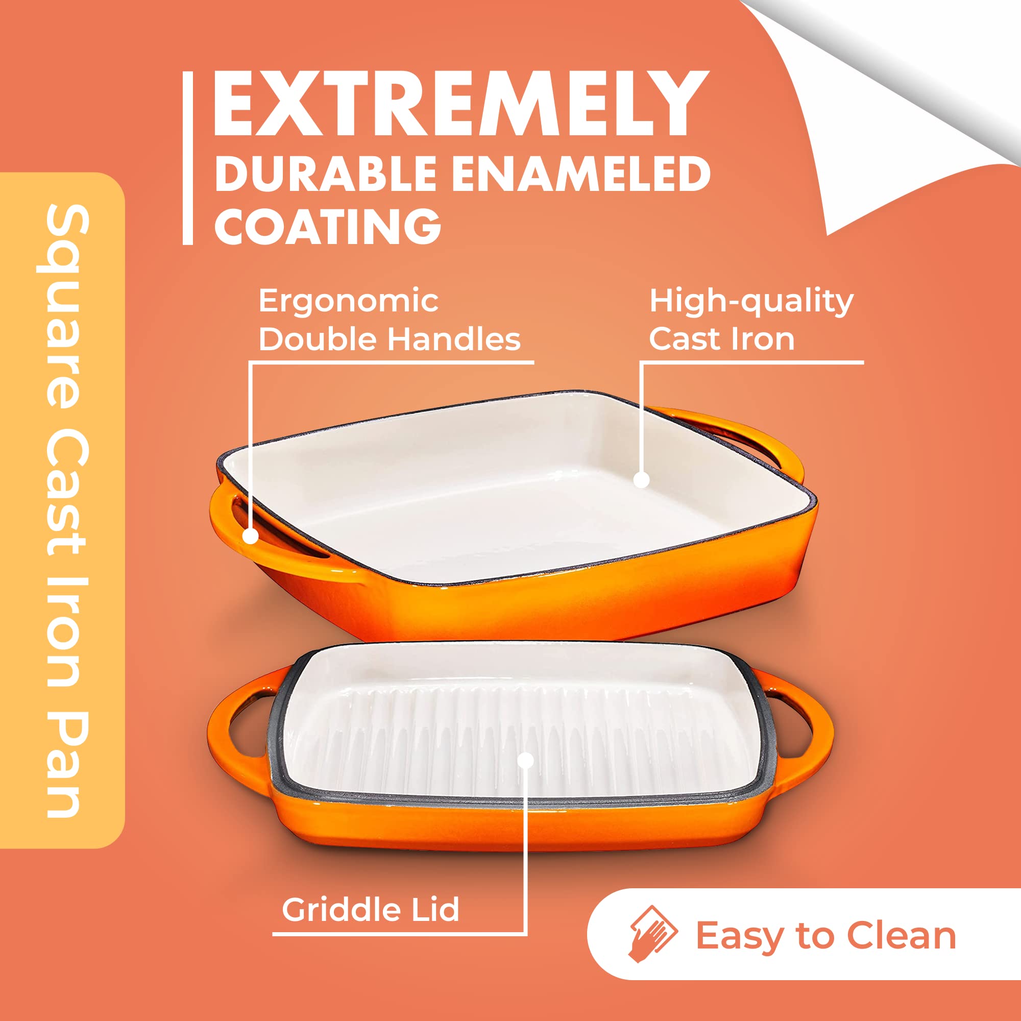 Bruntmor 2-in-1 Pre-seasoned Square Cast Iron Dutch Oven With Dual Handles  Non stick Pan with Grill  All-in-One Cookware Set  Cast Iron Casserole Dish with Lid for Braising Dishes Pumpkin Spice