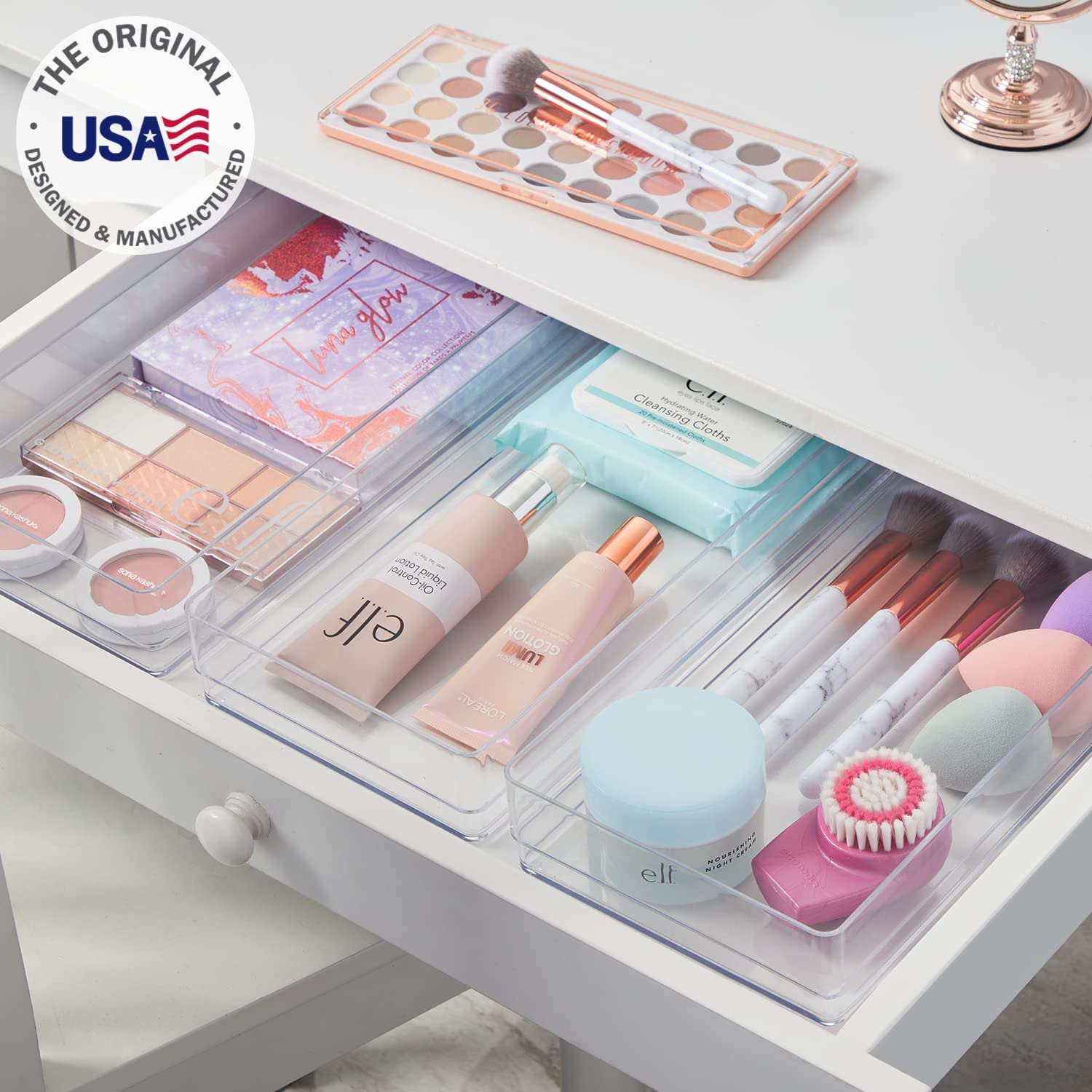 STORi SimpleSort 3-Piece Stackable Clear Drawer Organizer Set | 12'' x 6'' x 2'' Rectangle Trays | Wide Makeup Vanity Storage Bi