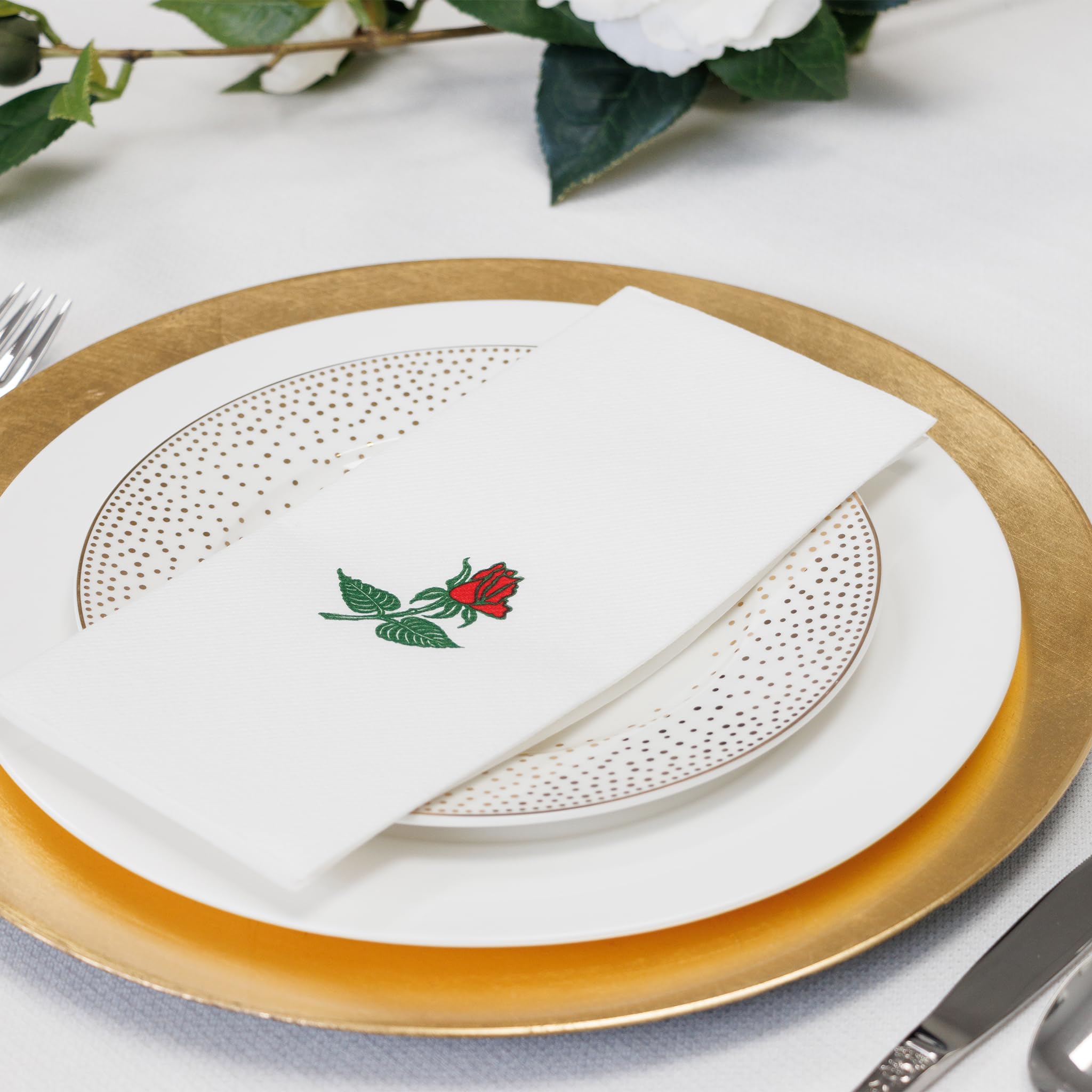 Simulinen Single Rose Dinner Napkins - Decorative Cloth Like & Disposable Large Napkins - Soft, Absorbent & Durable (19''X17'' -