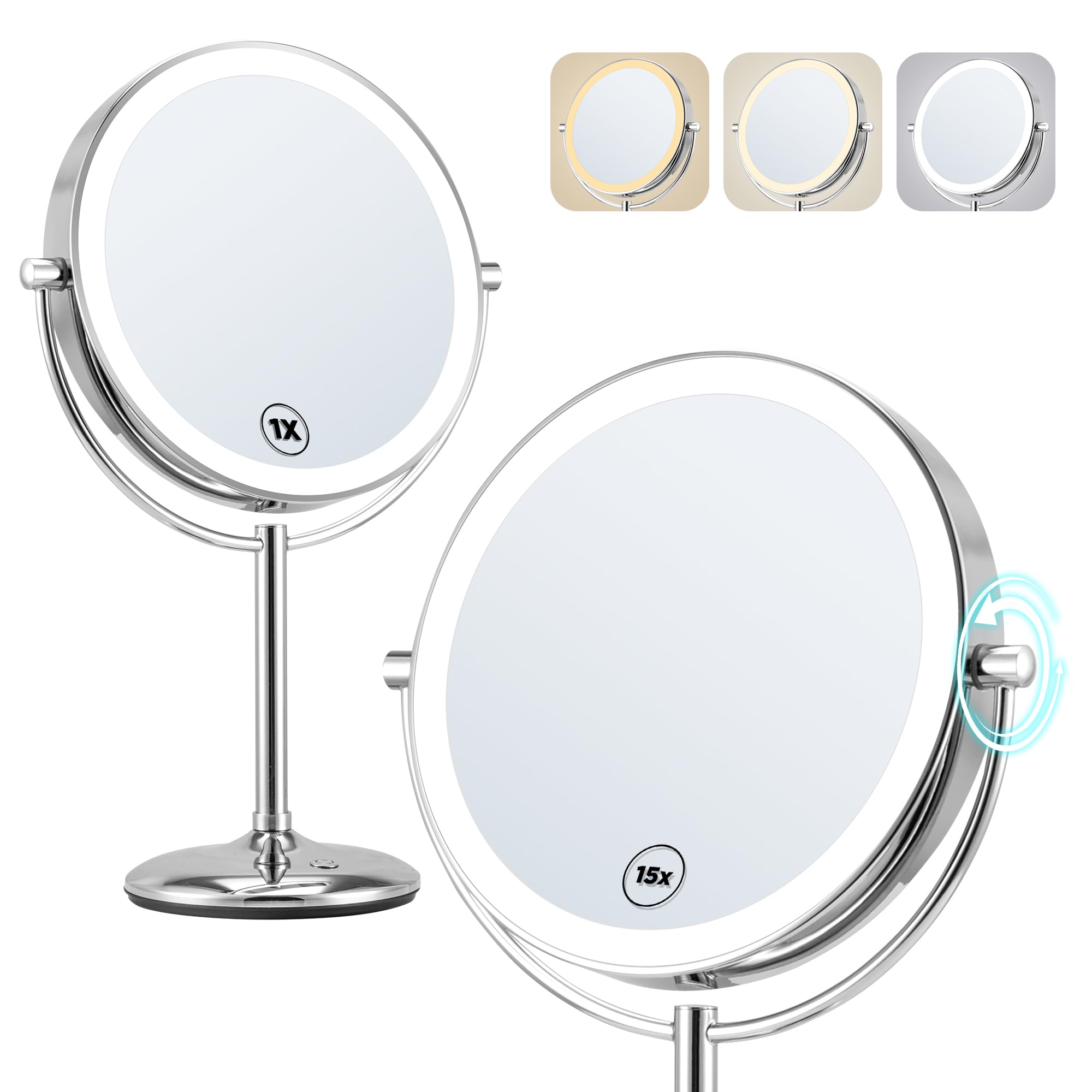 Greenfrom 9'' Makeup Mirror With Lights: 1X/15X Magnifying Vanity Mirror With 3 Colors Dimmable Lightning, Type-C Charging Port