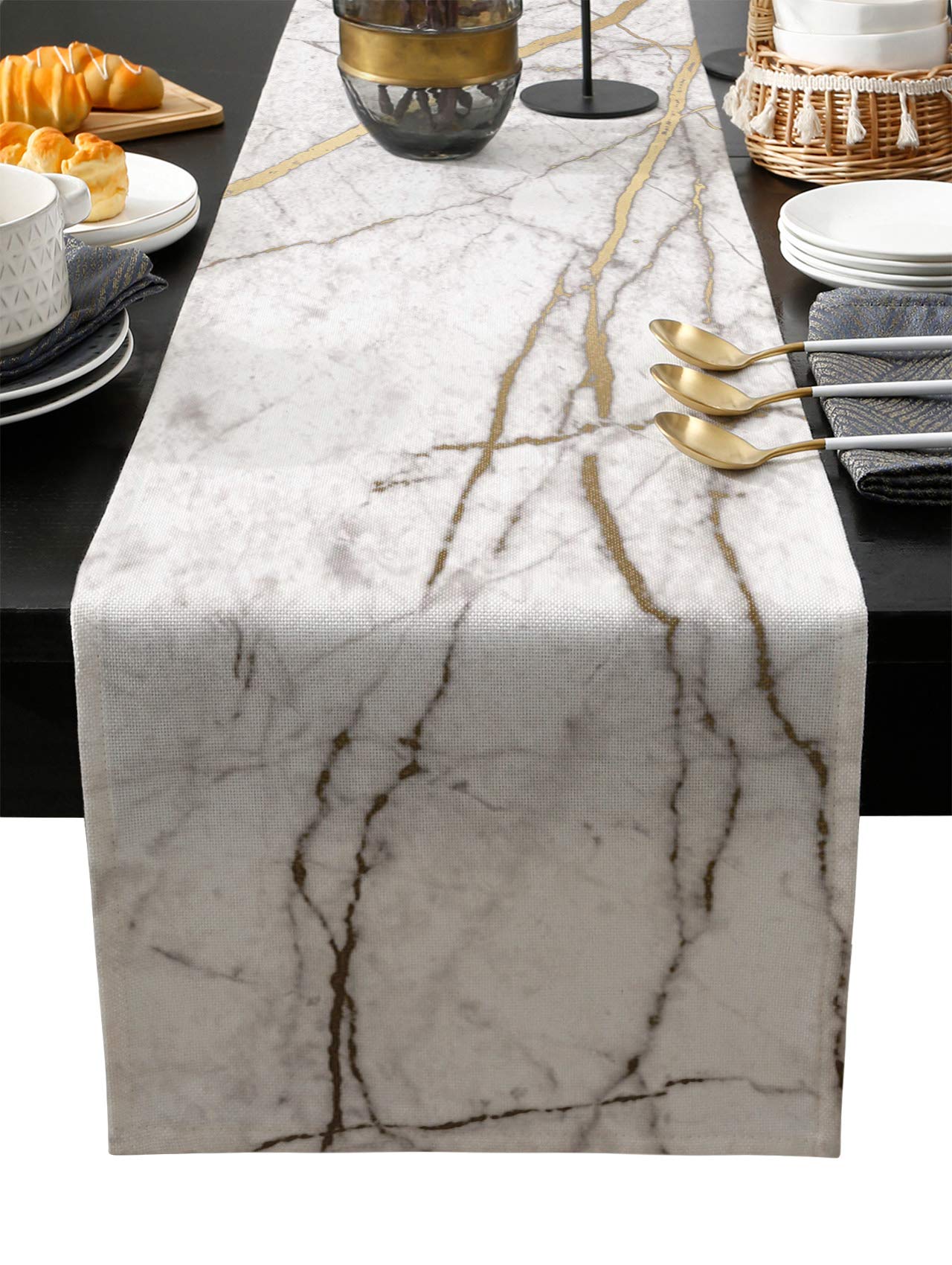 Marble Table Runner-Cotton Linen-Long 108 Inche White Gray Gold Dresser Scarves,Texture Tablerunner For Kitchen Coffee/Dining/So