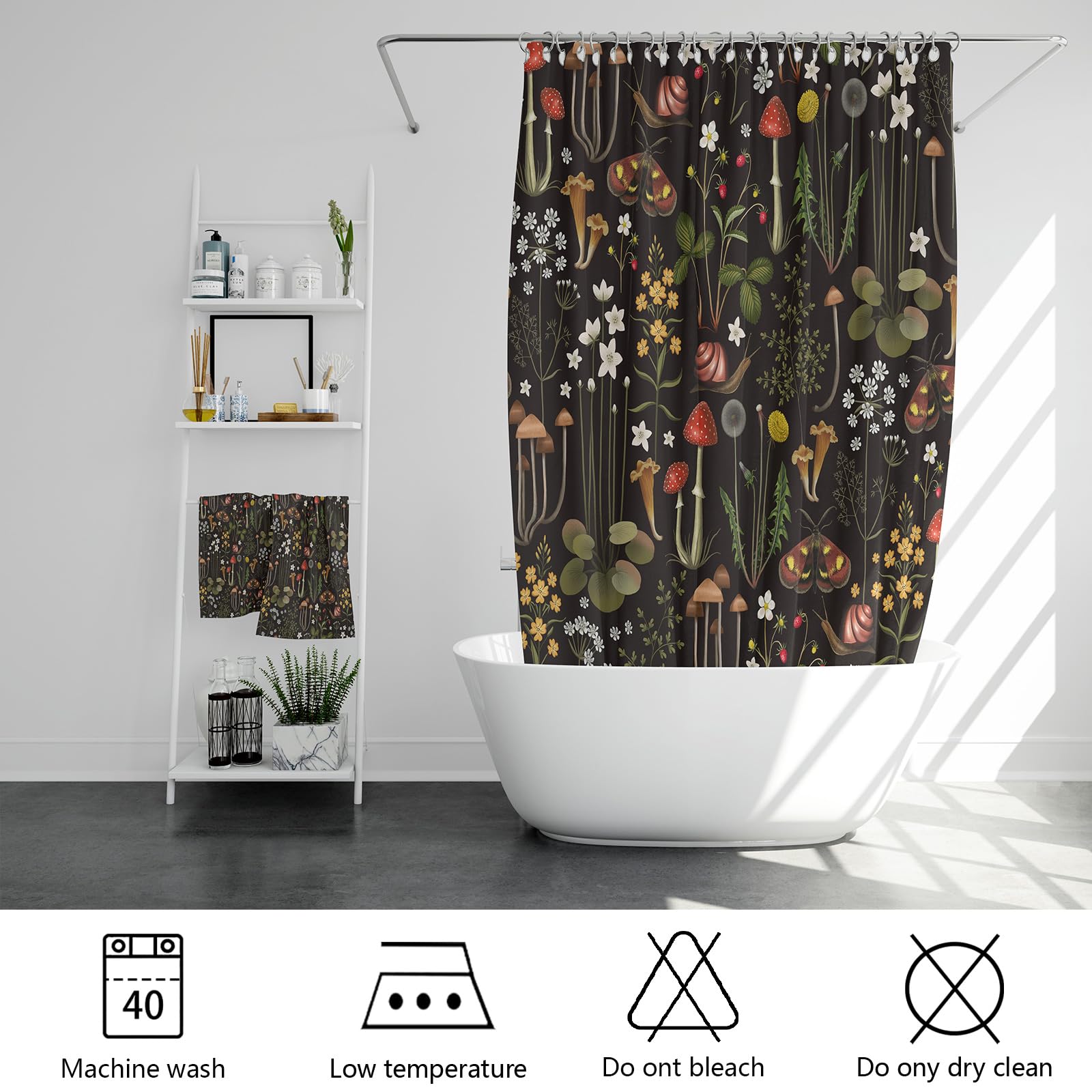 Emwnodti Retro Mushroom Shower Curtain For Bathroom, Fairy Forest Flowers Plants On Black Background Bath Curtains, Vintage Bota