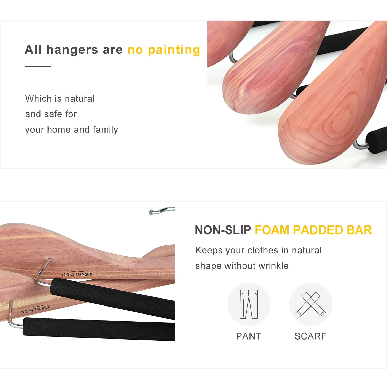 Topia Hanger Unfinished American Red Cedar Wood Coat Suit Hangers, Luxury Wooden Jacket Clothes Hangers, Wide Shoulder With Blac