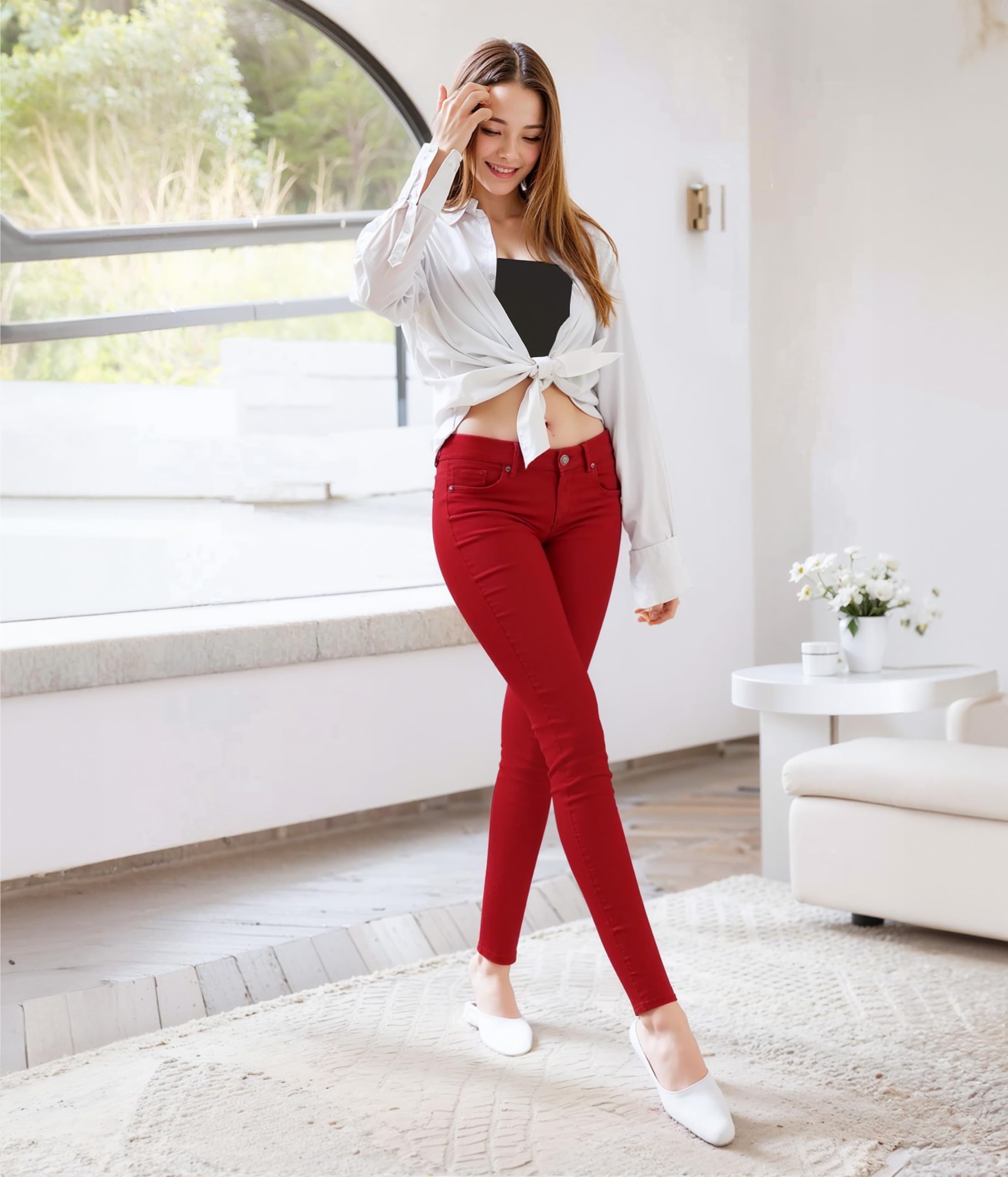 Womens Butt Lift Stretch Denim Jeans P37385Sk Red 3 Short