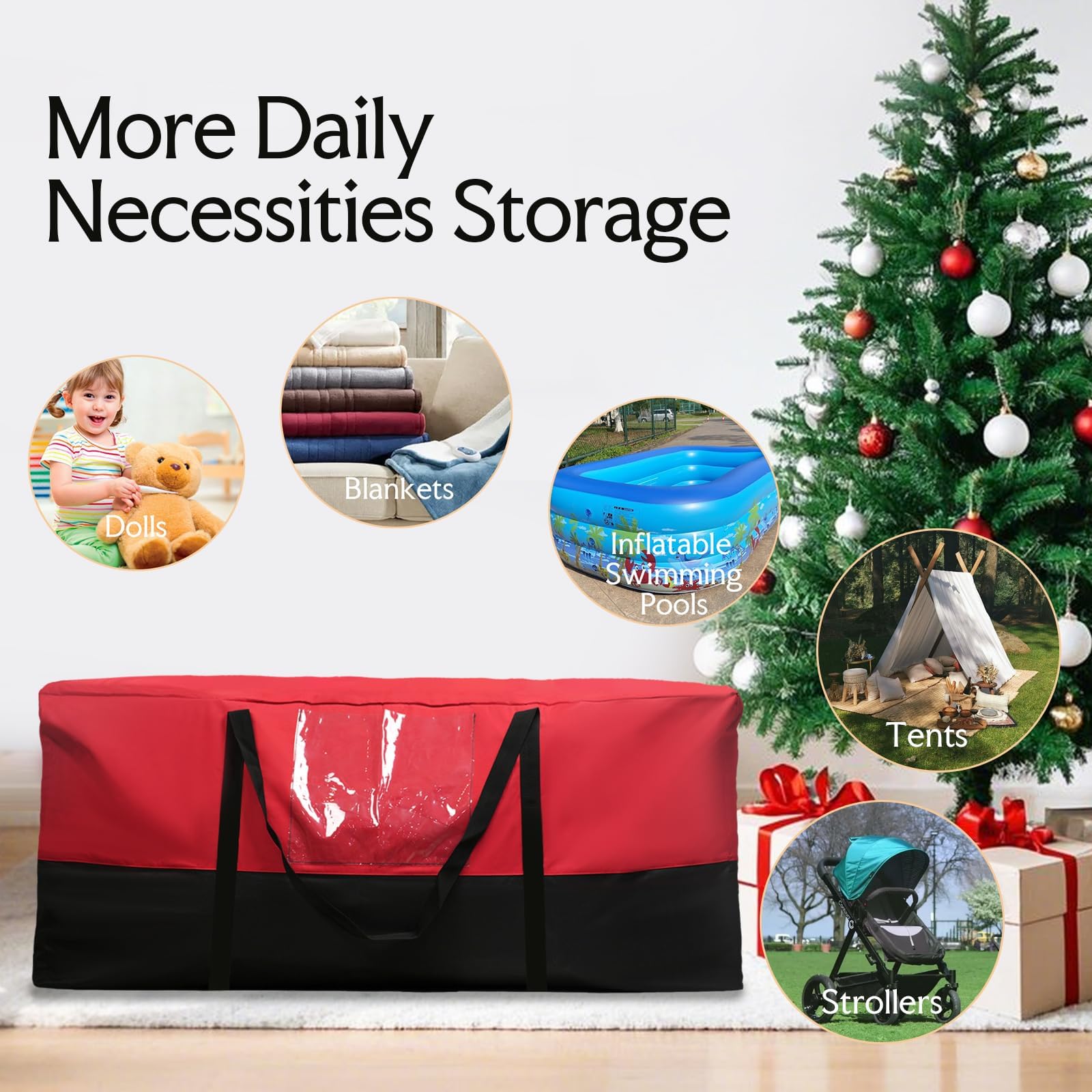 NAVTUE Christmas Tree Storage Bag, 10 FT Heavy Duty 600D Oxford, Red & Black, Dampproof with Durable Handles & Dual Zipper