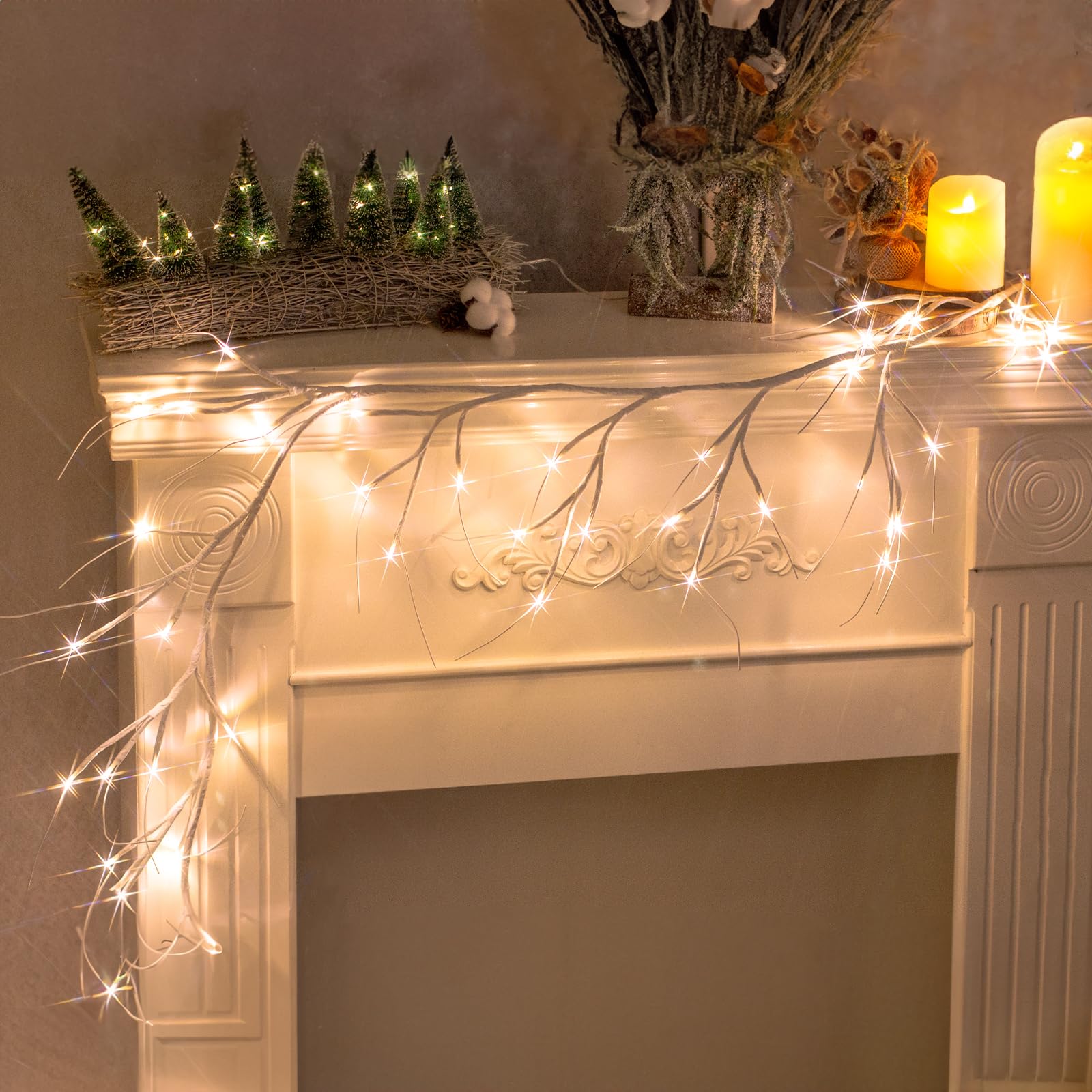 Vanthylit Lighted Christmas Garland, 6 FT White Birch Garlands with 48 LED Warm White Lights, Waterproof Outdoor White Twig Bran