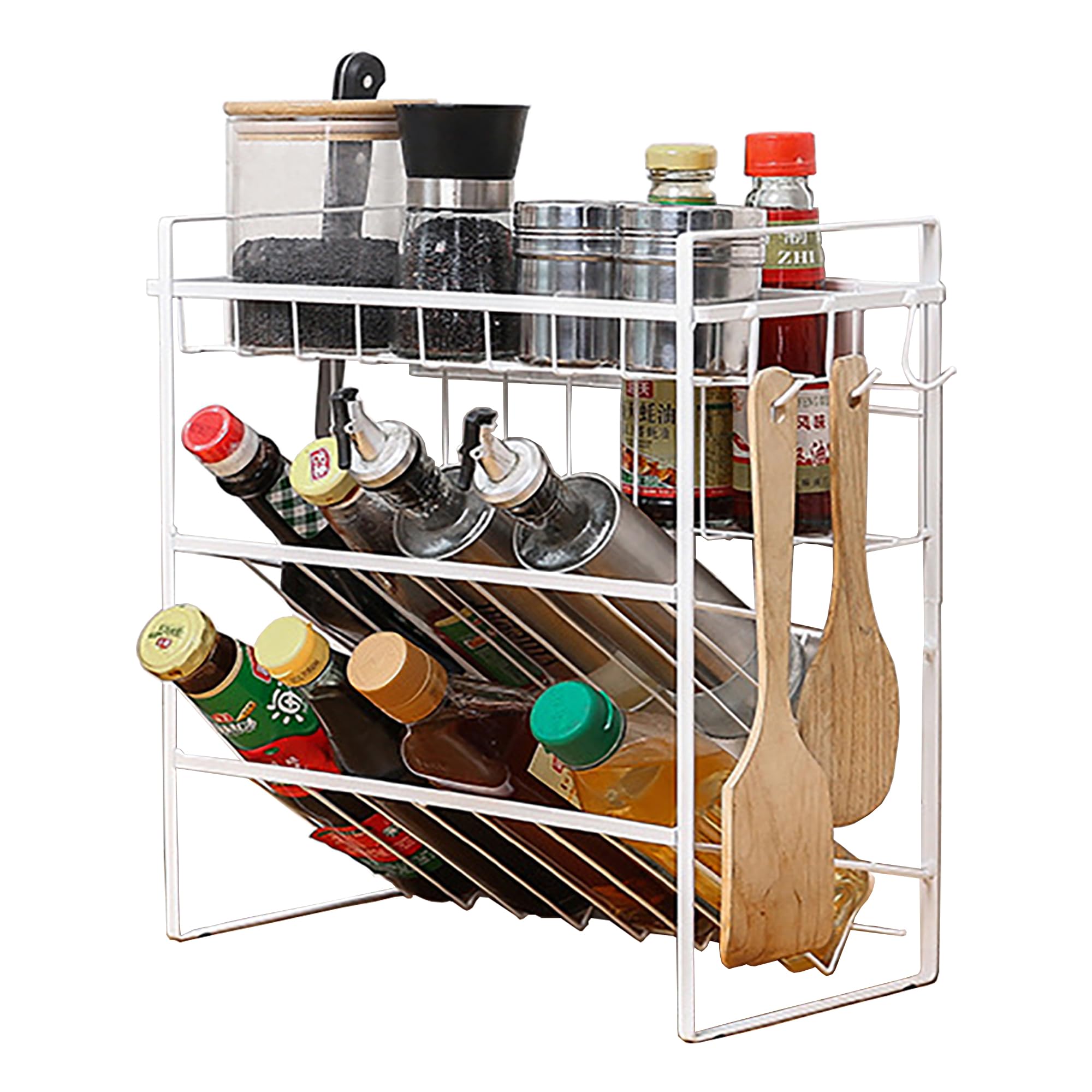 Krevia Spice Rack Organizer | 3Tier Seasoning Countertop Shelf | FloorStanding Kitchen Condiment Organiser (White)