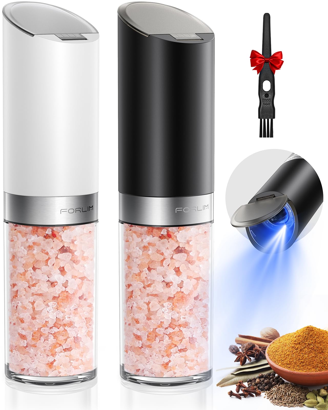 FORLIM Gravity Electric Salt and Pepper Grinder Set with Dust Cover LED Upgraded Batteries Powered Automatic Pepper Grinder Adju