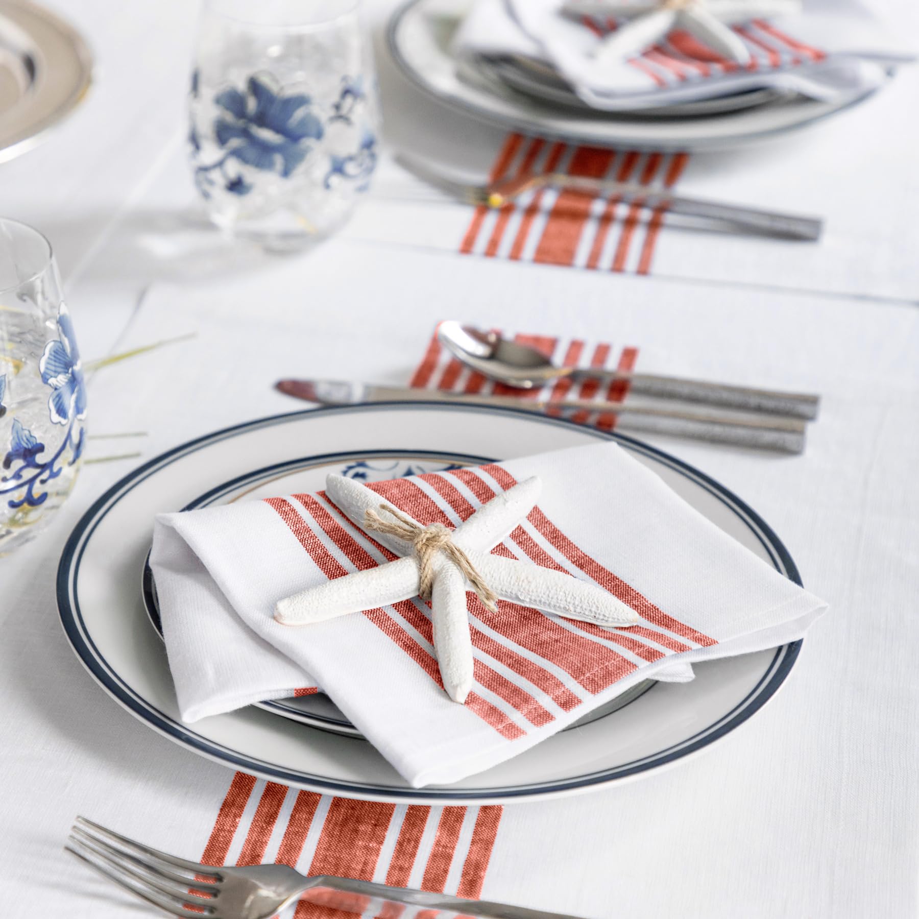 Solino Home Farmhouse Linen Dinner Napkins 20 X 20 Inch - 100% Pure Linen Stripe Red And White Cloth Napkins Set Of 4 For Spring