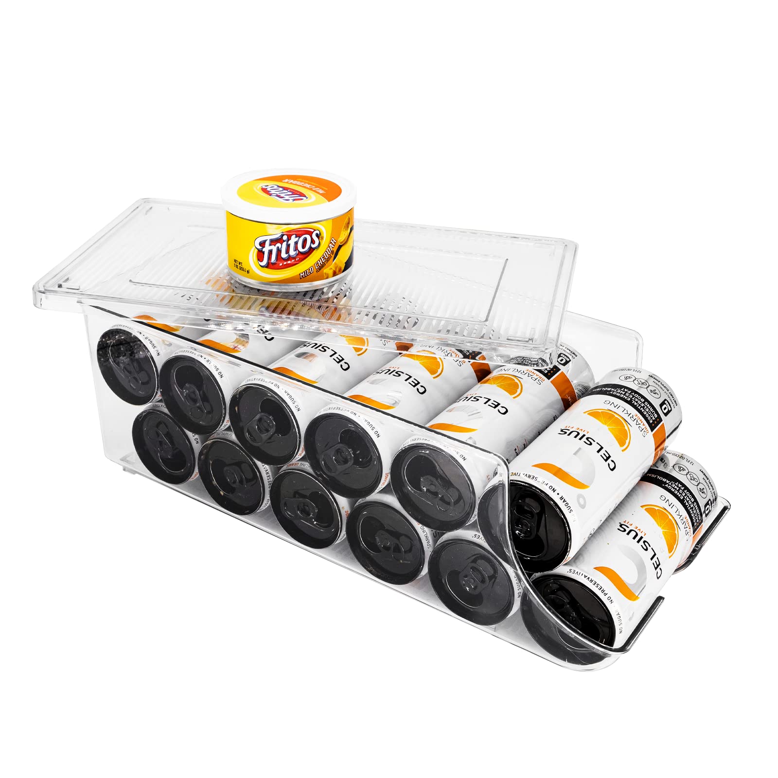 Scavata Skinny Can Organizer For Refrigerator, Stackable Tall Skinny Soda Pop Can Holder Dispenser With Lid For Fridge Pantry Ra