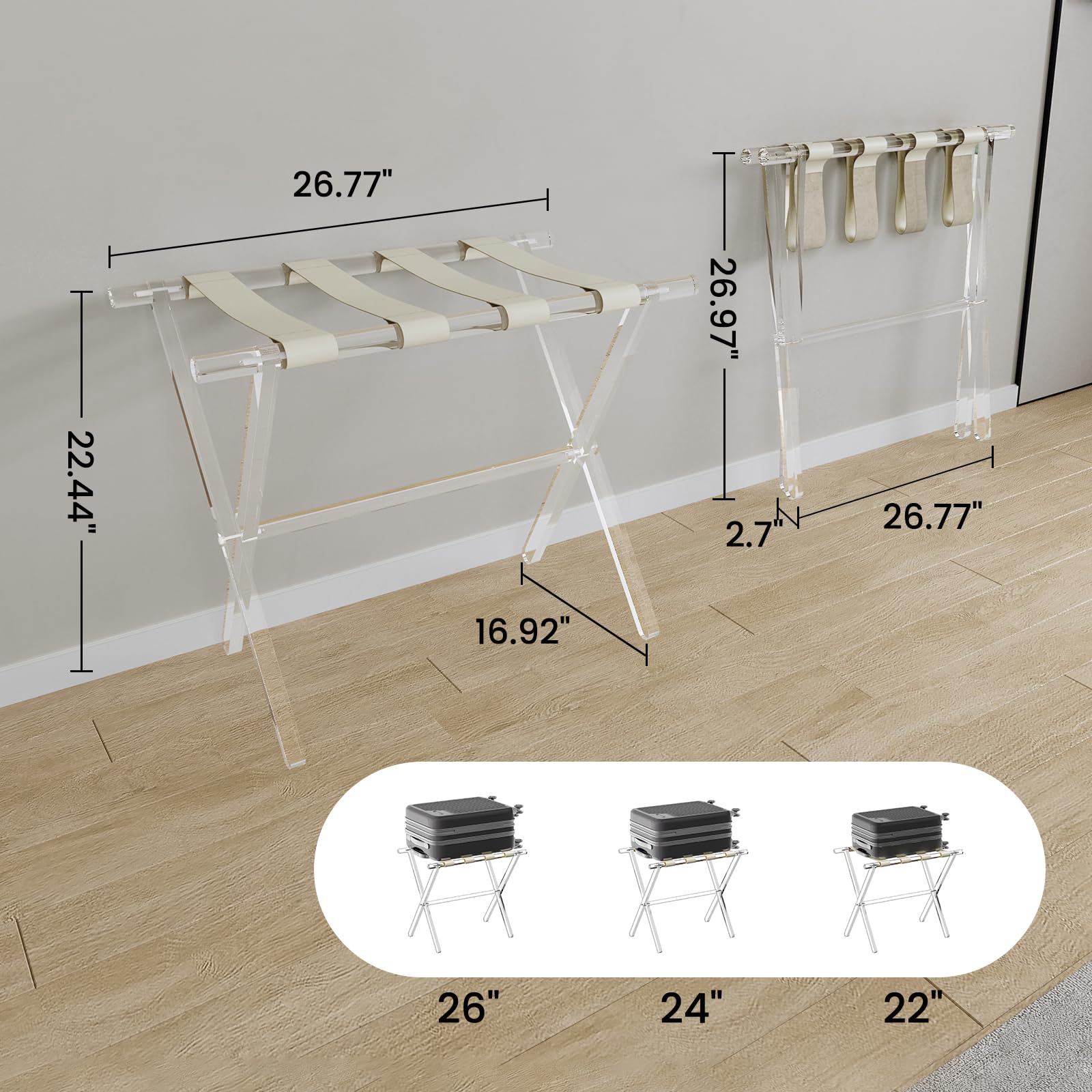 Sumerflos Acrylic Luggage Rack With Beige Leather Straps For Guest Room - 2 Pack Foldable Clear Fancy Suitcase Stand With Handle