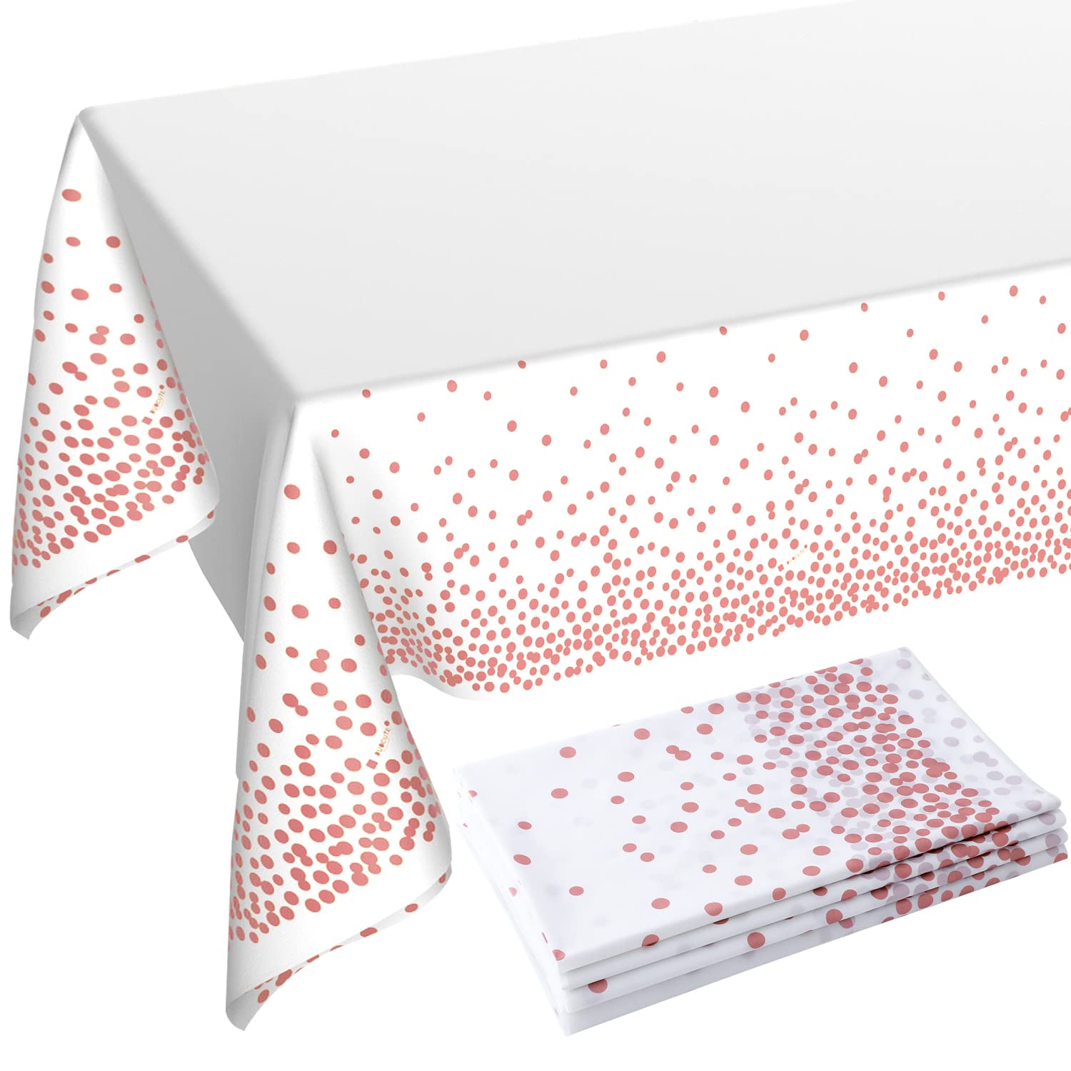 Rose Gold Dot and White Tablecloth 108x54 for Parties Rectangle Table 4 Packs, Dot Confetti Rectangular Plastic Table Cover,Than