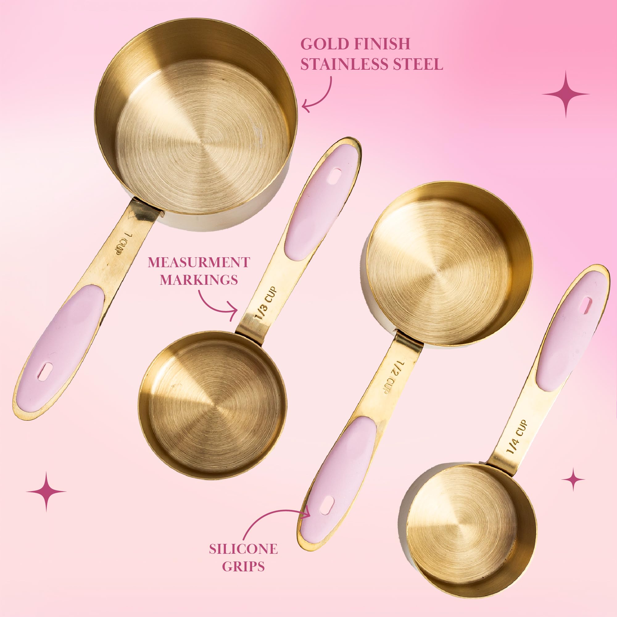 Paris Hilton Measuring Cups And Spoons Set, Stainless Steel With Pink Silicone Inset Handle, Dishwasher Safe, For Dry And Liquid