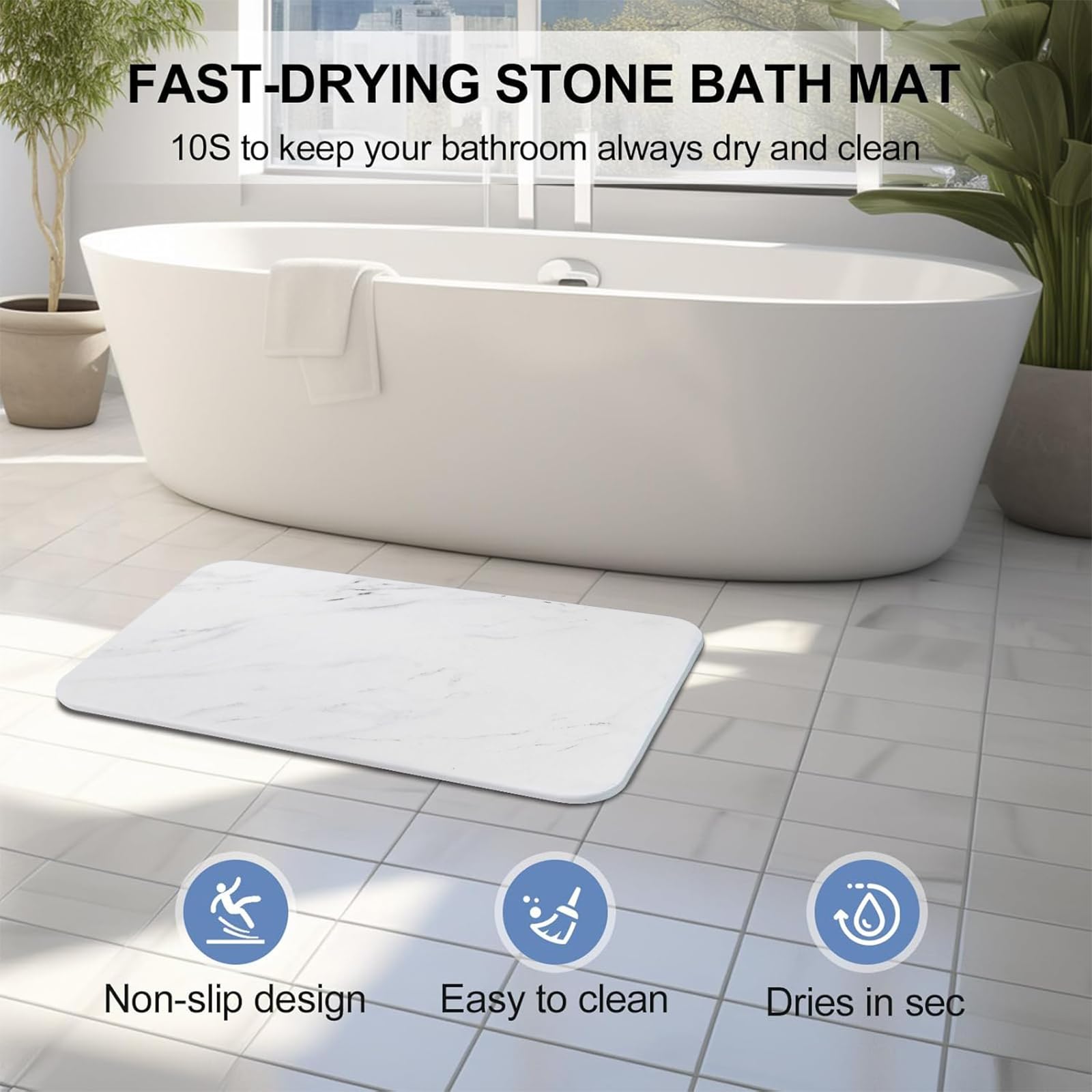 Stone Bath Mat, 2 Pack Diatomaceous Earth Shower Mat, Non-Slip Super Absorbent Quick Drying Bathroom Floor Mat, 24X15, Blue