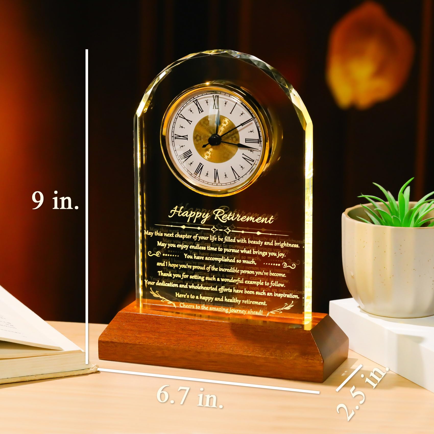 YWHL Retirement Clock Gifts for Women Men with Wooden Light Base, Happy Retirement Glass Plaque for Coworkers Boss, Going Away R