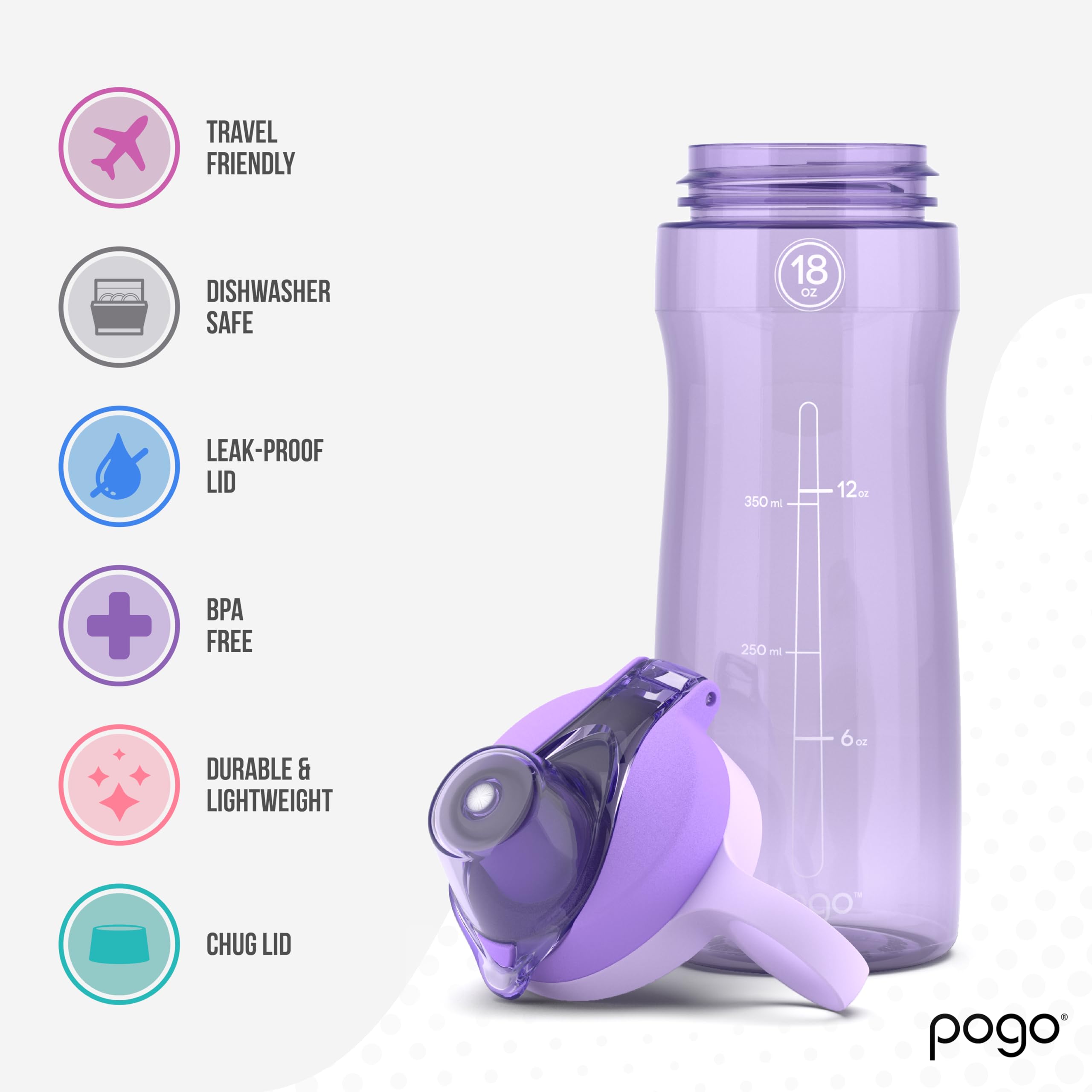 Pogo 18oz Plastic Water Bottle with Chug Lid and Carry Handle  Reusable  BPA Free  Dishwasher Safe  Perfect for Travel  School  Outdoors  and Gym  Lilac
