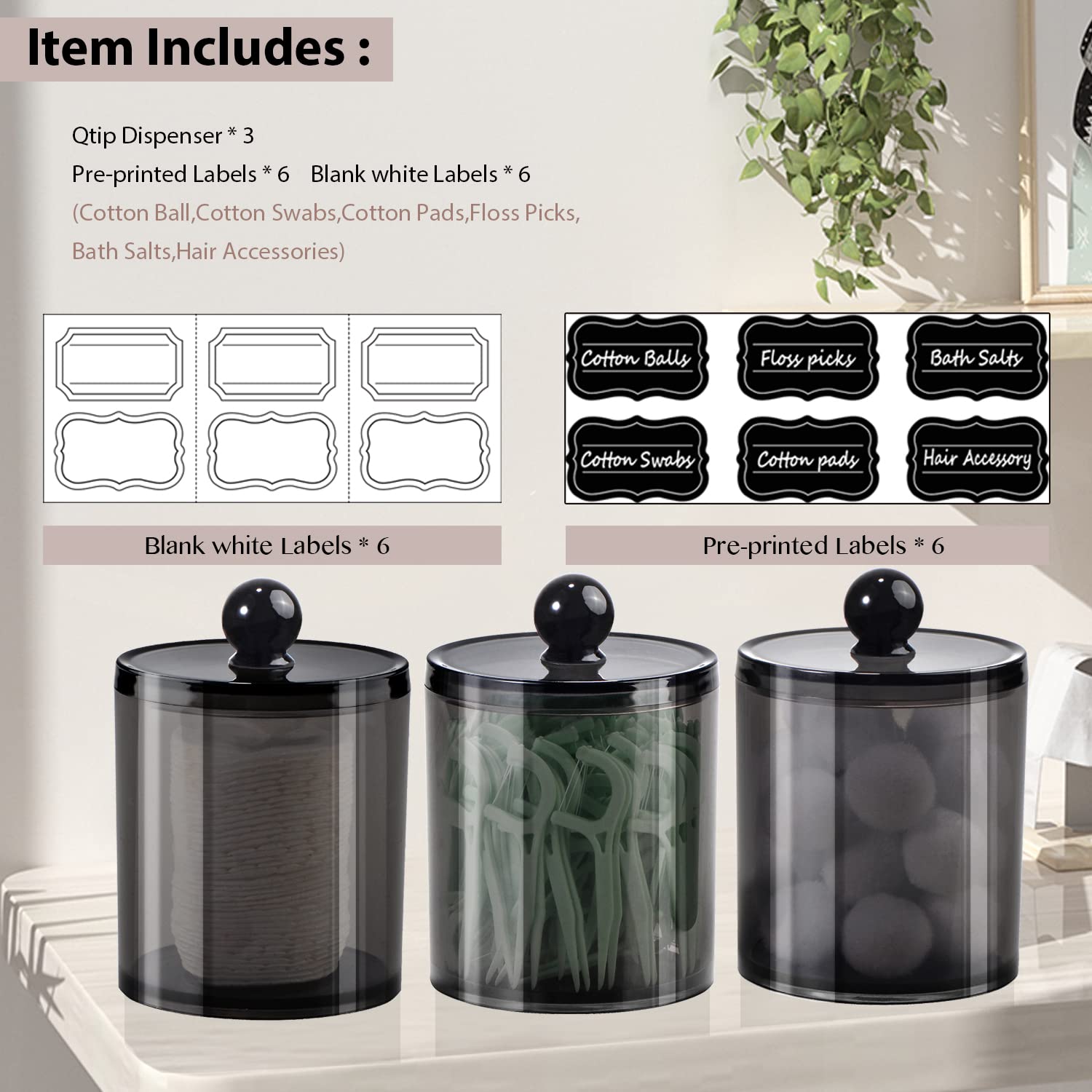 3 Pack Qtip Dispenser Apothecary Jars Bathroom With Labels-12 Oz Black Plastic Qtip Holder Storage Set For Cotton Ball,Cotton Sw