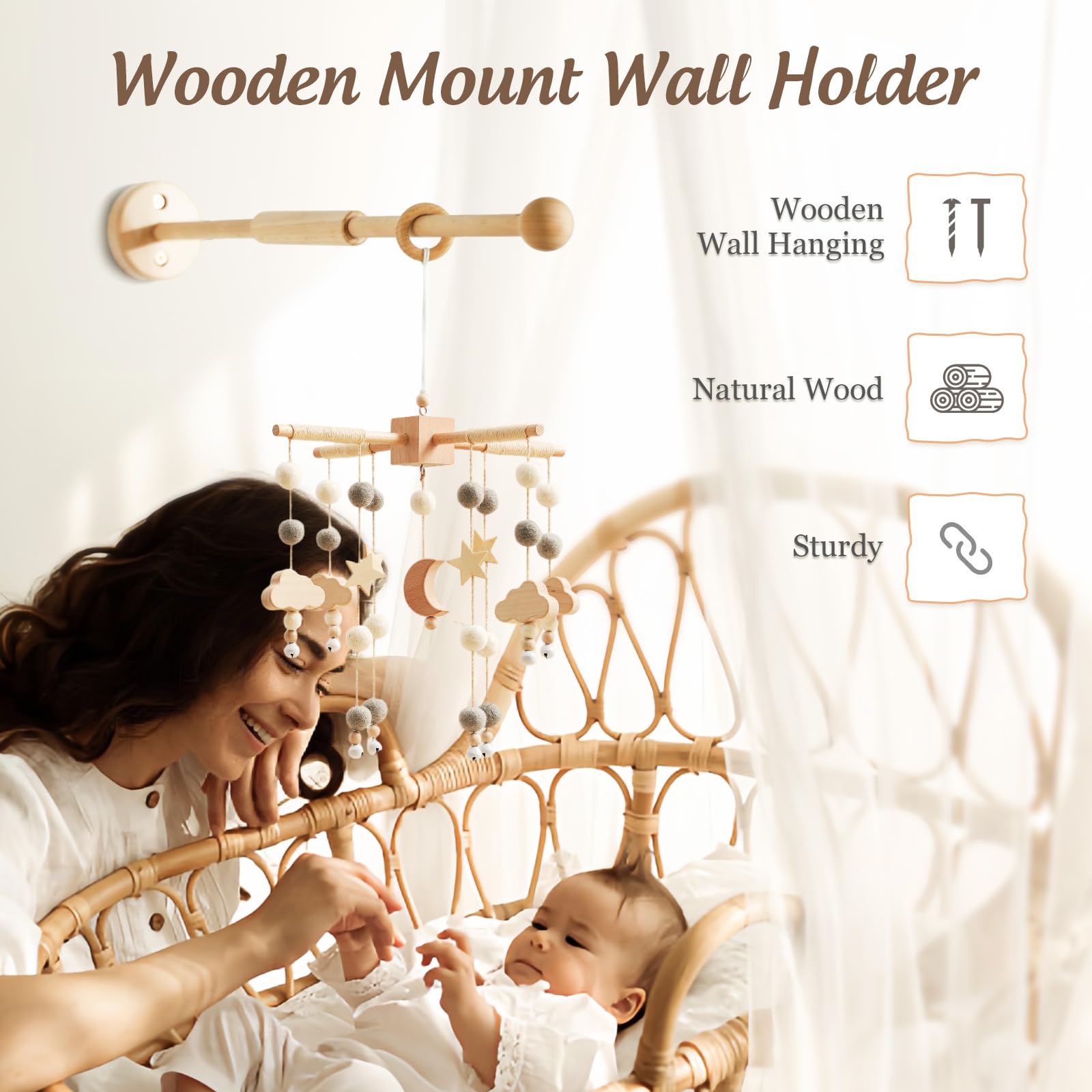 Wooden Crib Mobile Arm  Baby Mobile Hanger  Wooden Mount Wall Holder  Nursery Decor for Sturdy Mobile for Newborn Boys and Girls