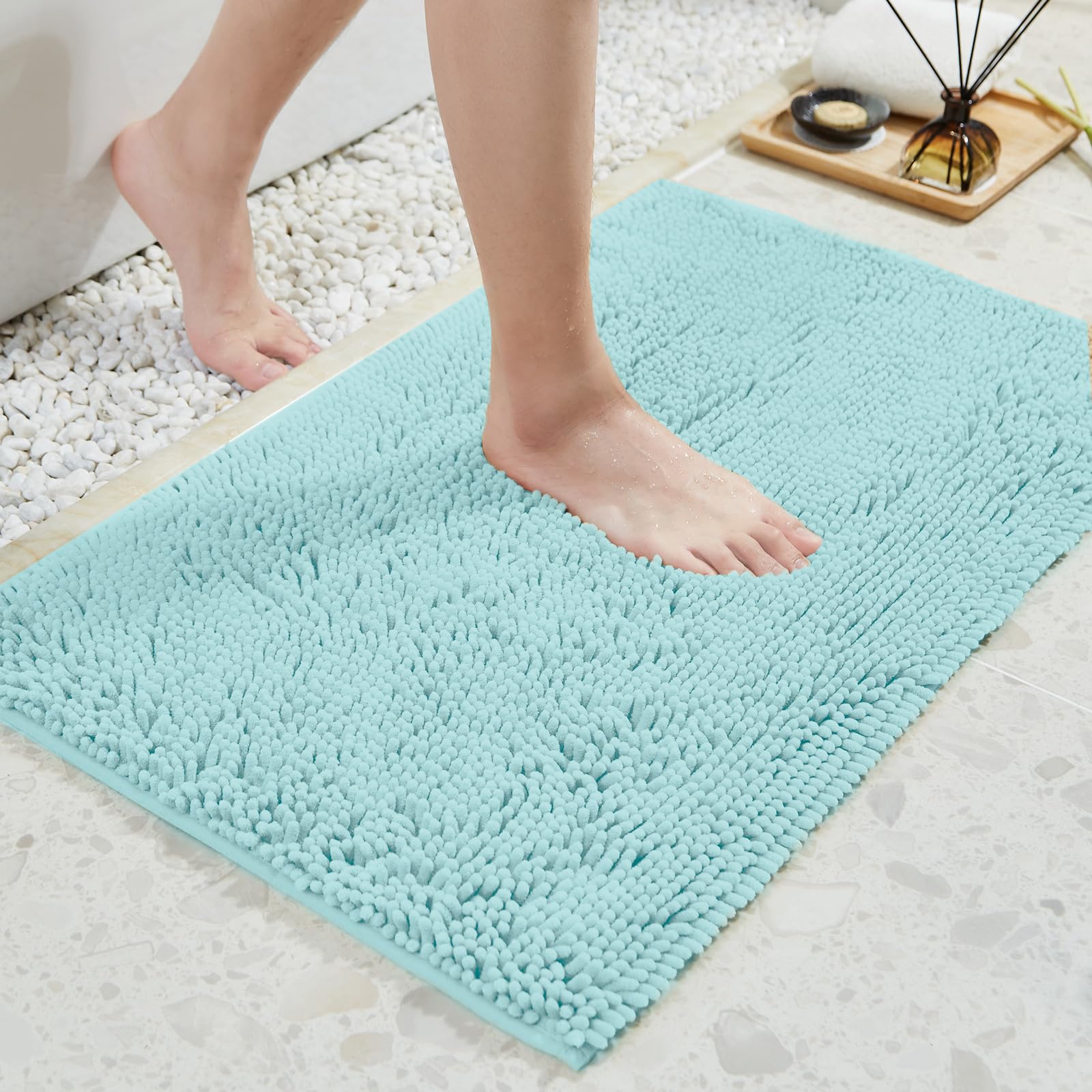 Techmilly Soft Fluffy Chenille Bathroom Rugs, Non Slip Absorbent Bath Mats For Bathroom, Washable And Quick Dry, Light Blue, 20'