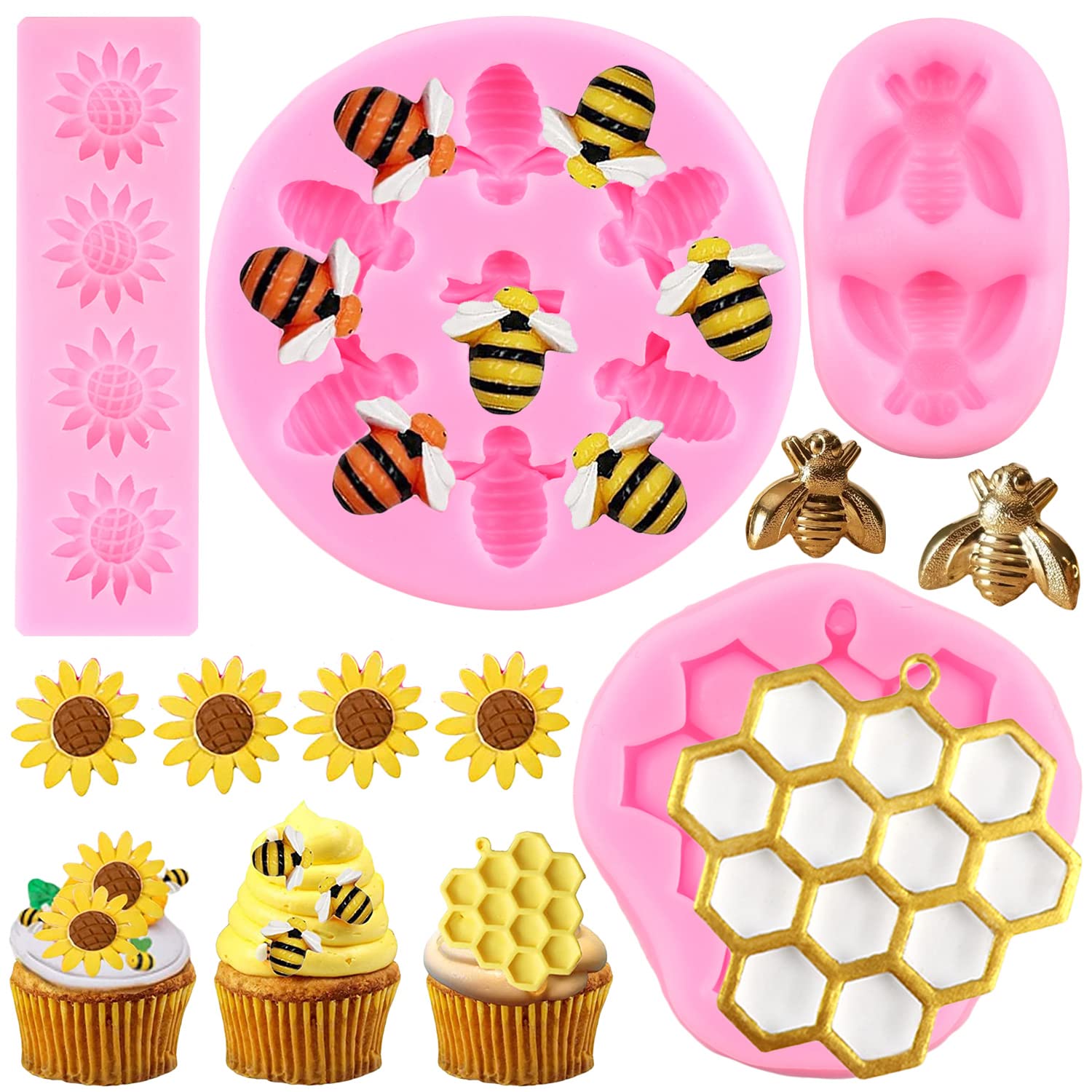 Mujiang Bumble Bee Silicone Mold Honeycomb Bees Fondant Cake Mold Sunflower Beehive Molds For Cake Decorating Cupcake Topper Sug