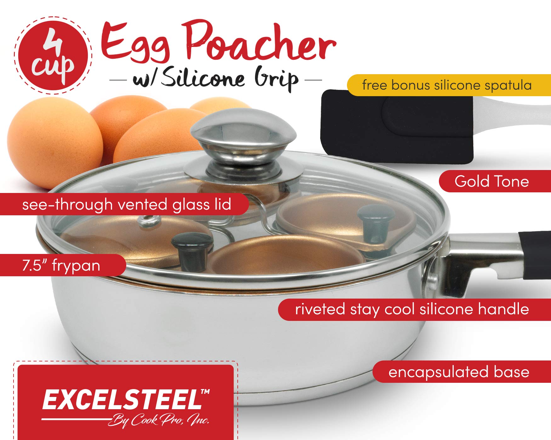 Excelsteel Non Stick Easy Use Rust Resistant Home Kitchen Breakfast Brunch Induction Cooktop Egg Poacher, 4 Cup, Gold Tone