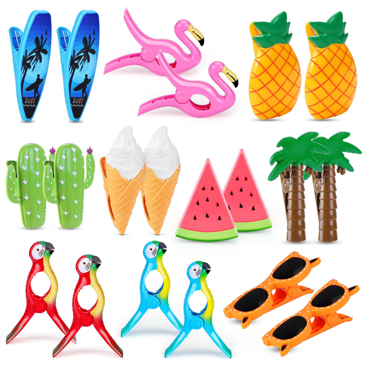 20 Pcs Beach Towel Clips, Beach Chair Clips For Towels Flamingo Parrot Clothes Pins Watermelon Pineapple Ice Cream Beach Towel H