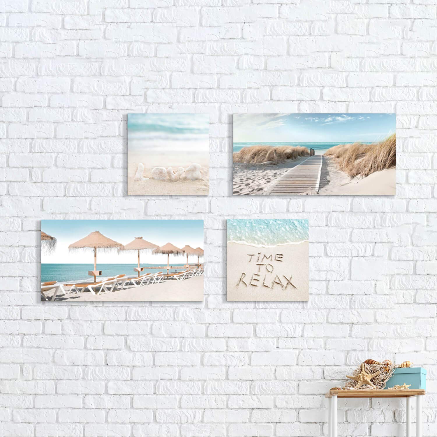 Artistic Path Beach Theme Canvas Artwork Prints: Sandybeach Pathway & Beach Chairs And Umbrella Wall Art For Living Room (Overal
